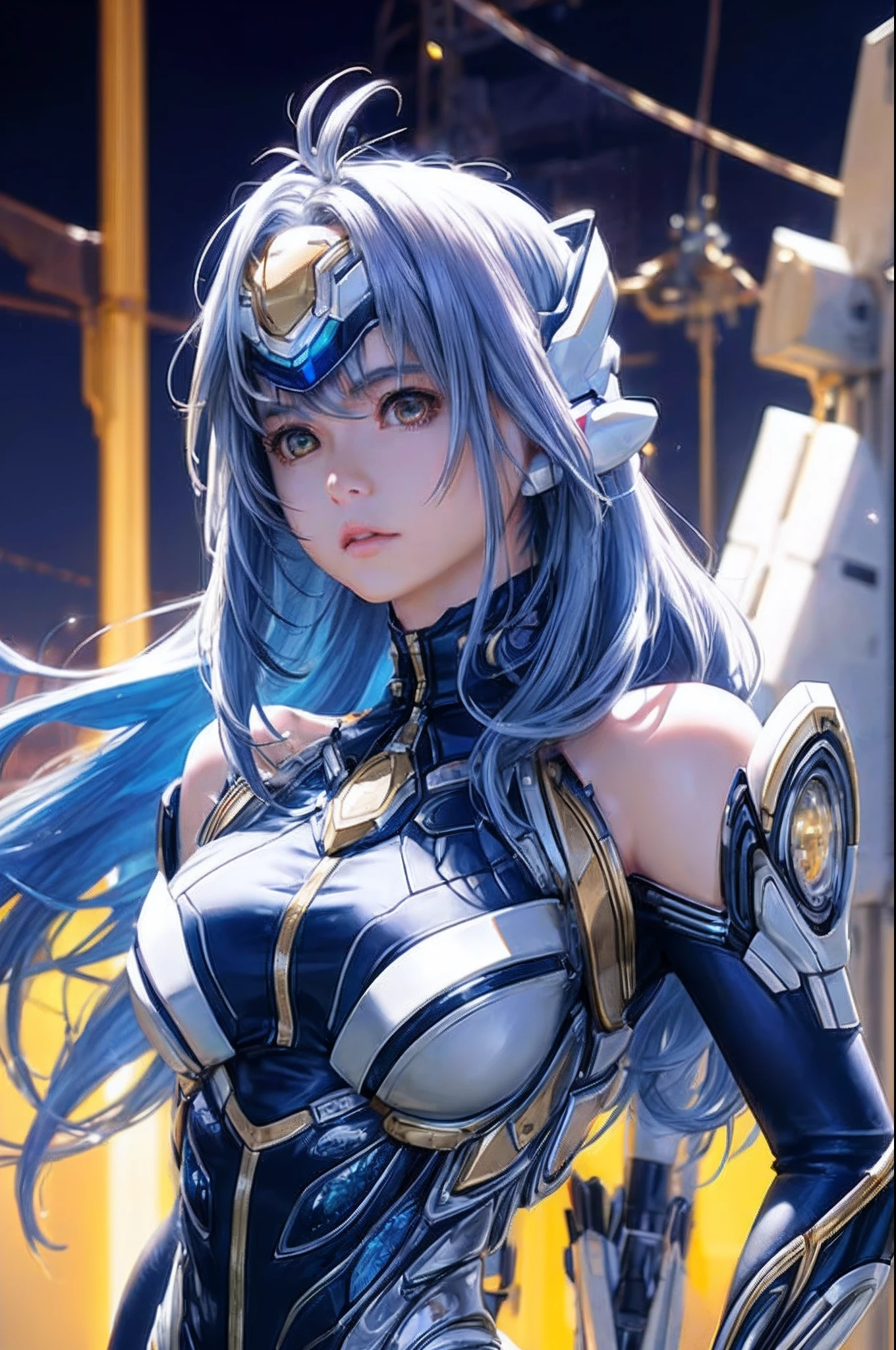 top-quality、​masterpiece、超A high resolution、(Photorealsitic:1.4)、女の子1人、Light blue hair、Straight hair, shiny and clean hair、White shiny skin、Sexy Cyberpunk Girl、((super realistic details))、Shadow、octan render、ultrasharp、hyperdetailed face、Fiberglass、Luminous tube、highly intricate detail、Realistic light、CGSoation Trends、((Golden Eyes))、(Facing the camera)、neon details、Mechanical limbs、Mechanical vertebrae attached to the back、mechanical cervical attaching to neck、Wires and cables connecting to the head、cosmic background、Rat trail section、((valkyrie))、((Beam cannon))