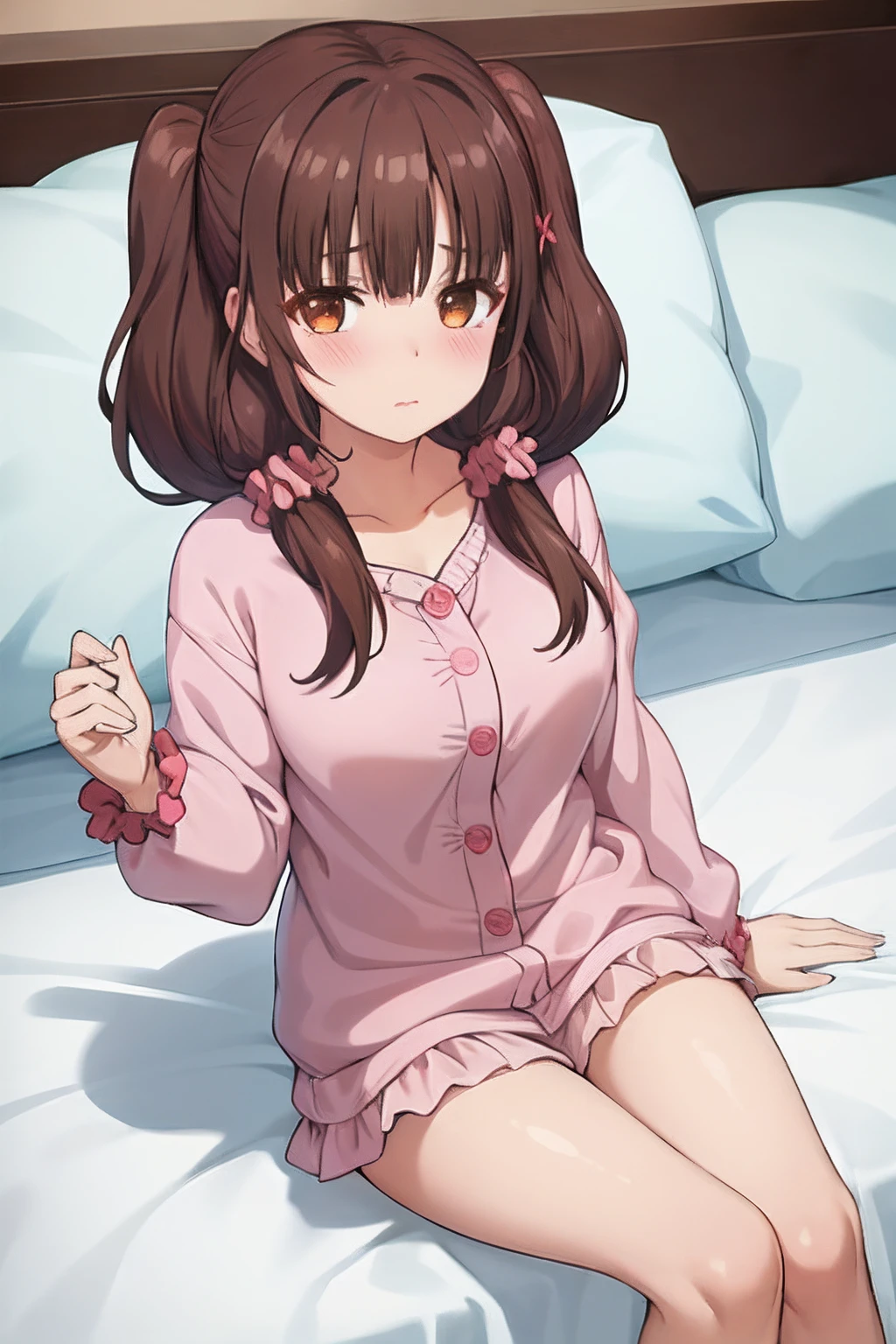 best quality, (masterpiece:1.2), highly detailed, on bed,
1girl, solo, irido yume, 
looking at the viewer, closed mouth, blush, medium breasts,
brown eyes, dark brown hair, twintails, pink scrunchie, pajamas