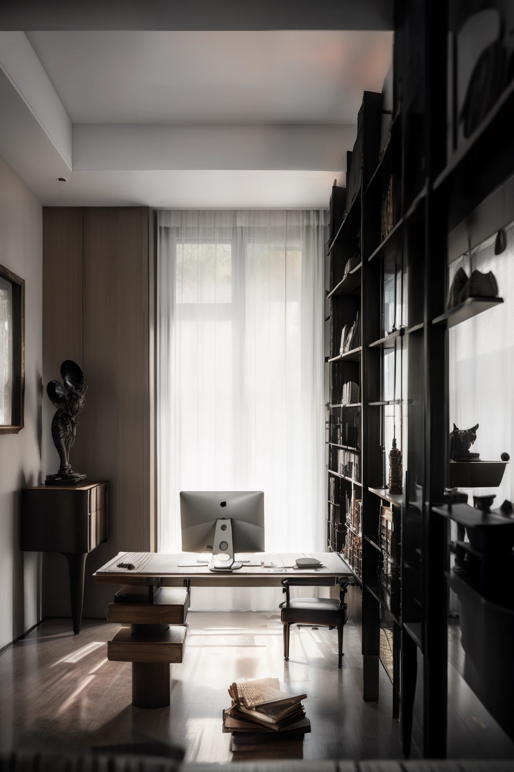 Interior design study，Very detailed wide angle architectural photography，Comfortable modern study，Bright warm sunshine，award-winning contemporary interior design，，inside in room，wooden floor，janelas，，buliding，，naturey，a plant，Interior design，Interesting light and shadow，depth of fields，low-light，，With a lot of wooden structure，There are books, there are computers