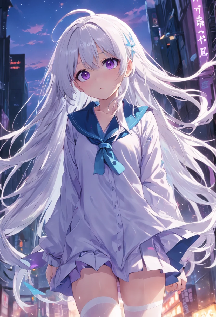 Purple pupils,Lazy expression,Long white hair and white stockings,Cyan and blue clothes,JK Campus