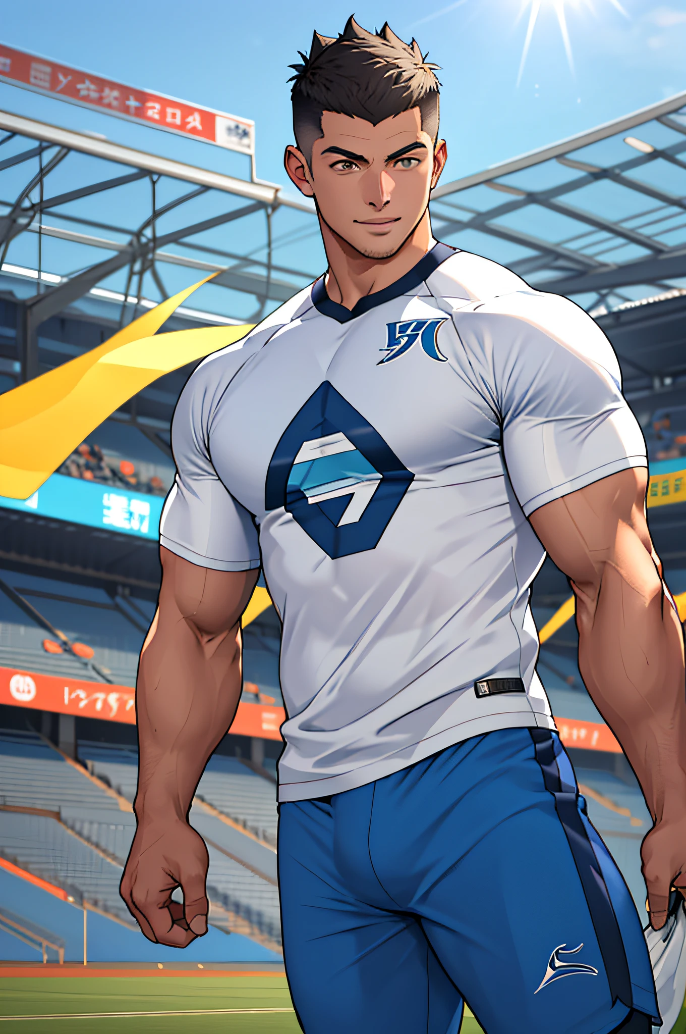 Draw a full-fledged athlete，Stand on the central field of the gym，He wears high-end sportswear，The man looks confident and determined，rays of sunshine，cheerful big breasts，Handsome，Crew cut，full bodyesbian，shooting from below，