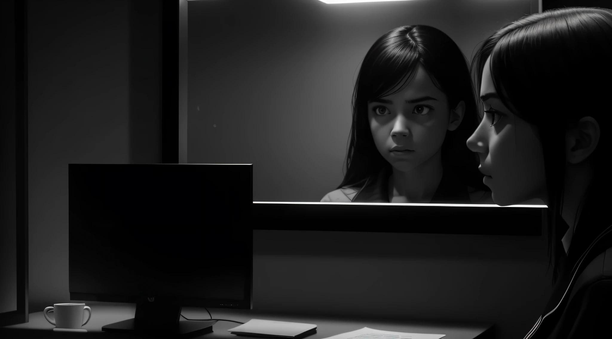 Black and white movie scene of a girl waiting in an office, placed on the right 2/3rd of the screen, tension written large on her  face, reflections on the glass, shadows, in the style of Joel Coen Ultra HD 12k, photo realistic, cinematic, very detailed