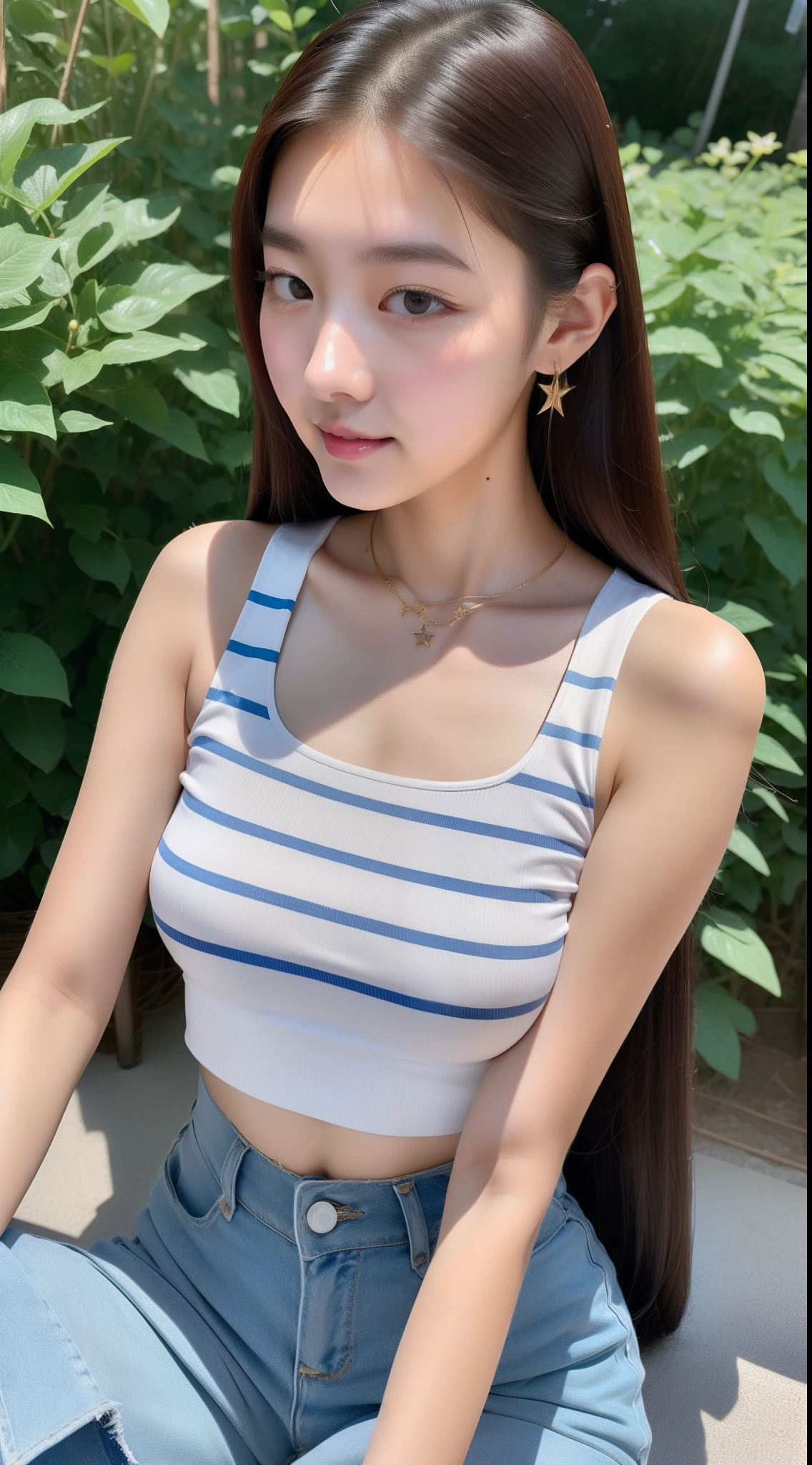 realistic photos of (1 cute Korean star), hair two side up, white skin, thin makeup, 32 inch breasts size, wearing  striped crop top, sitting in front of the farm, close-up, 16k