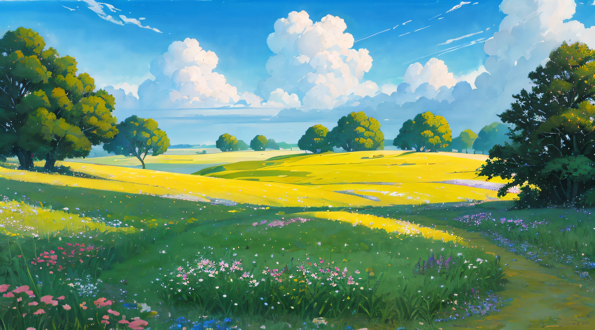 Realistic, authentic, beautiful and amazing landscape oil painting Studio Ghibli Hayao Miyazaki&#39;s petal grassland with blue sky and white clouds --v6