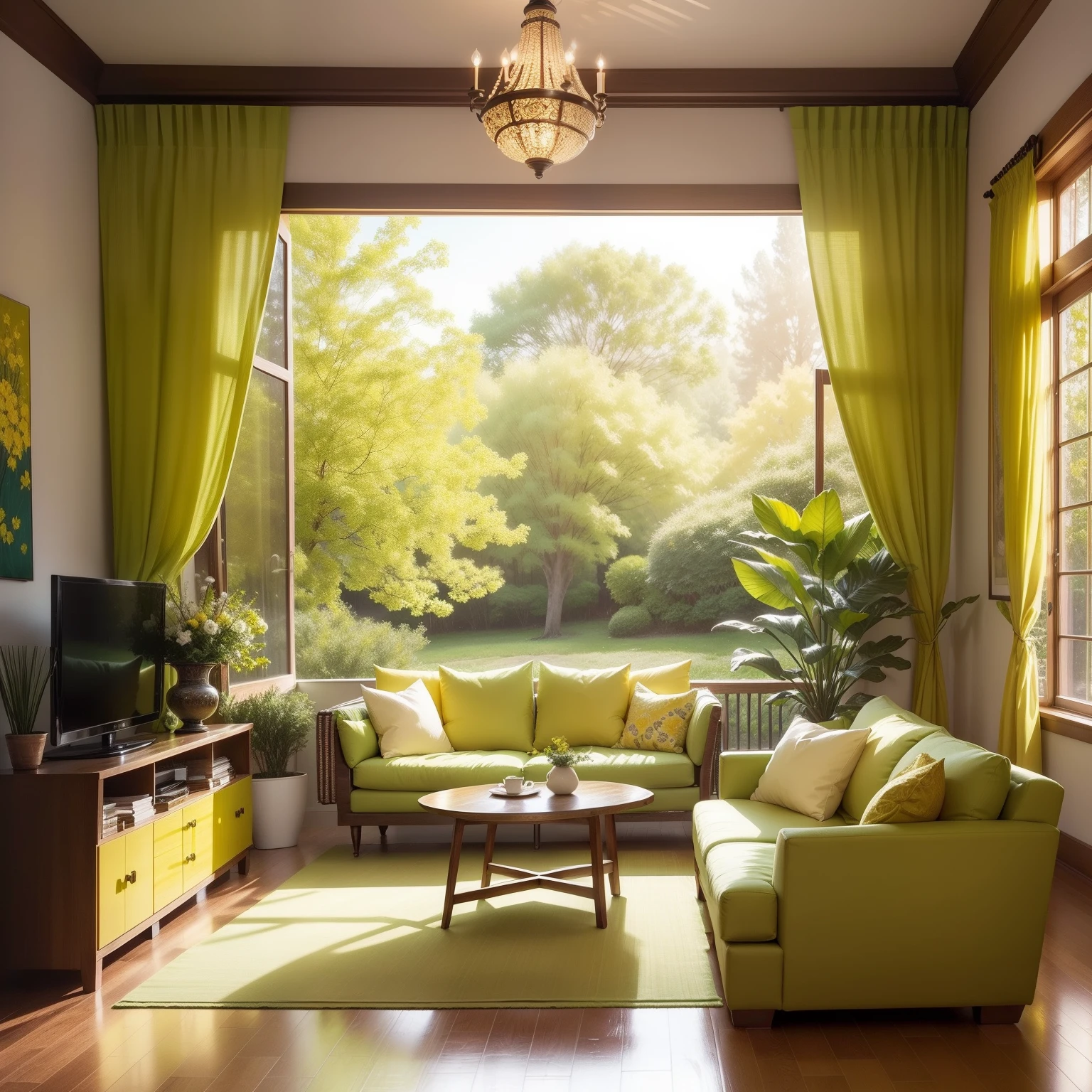 An enchanting interior design for a living room, harmoniously blending the refreshing hues of green and yellow. The subject is a testament to the fusion of nature's vibrancy and joyful energy. The scene is set in a well-illuminated living room, where the green and yellow colors come to life. The mood is lively and invigorating, creating an ambiance of positivity. The atmosphere exudes freshness and warmth, transforming the living room into a lively sanctuary. The green and yellow color combination imbues the design with a sense of natural harmony and joyful exuberance, offering a welcoming and energetic living space.