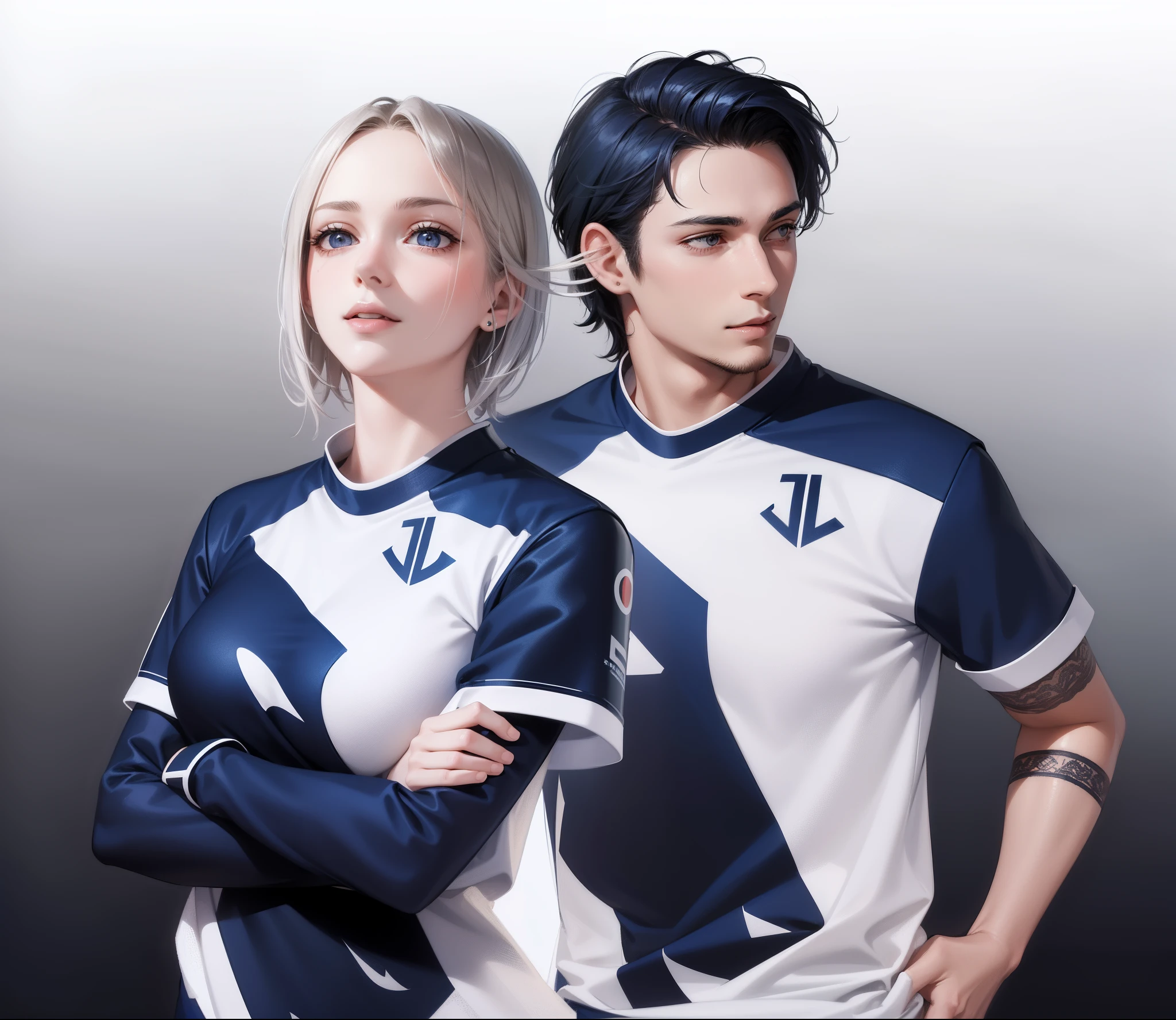2 people, woman and man, Attractive profile picture, masterpiece, ultra-precise rendering, beautiful and cool young woman, trustworthy, dependable young woman, savior of the world, simple design, most beautiful image, 4K, blue black hair, beautiful woman, beautiful smile, clean skin, men facial hair, girl short hair