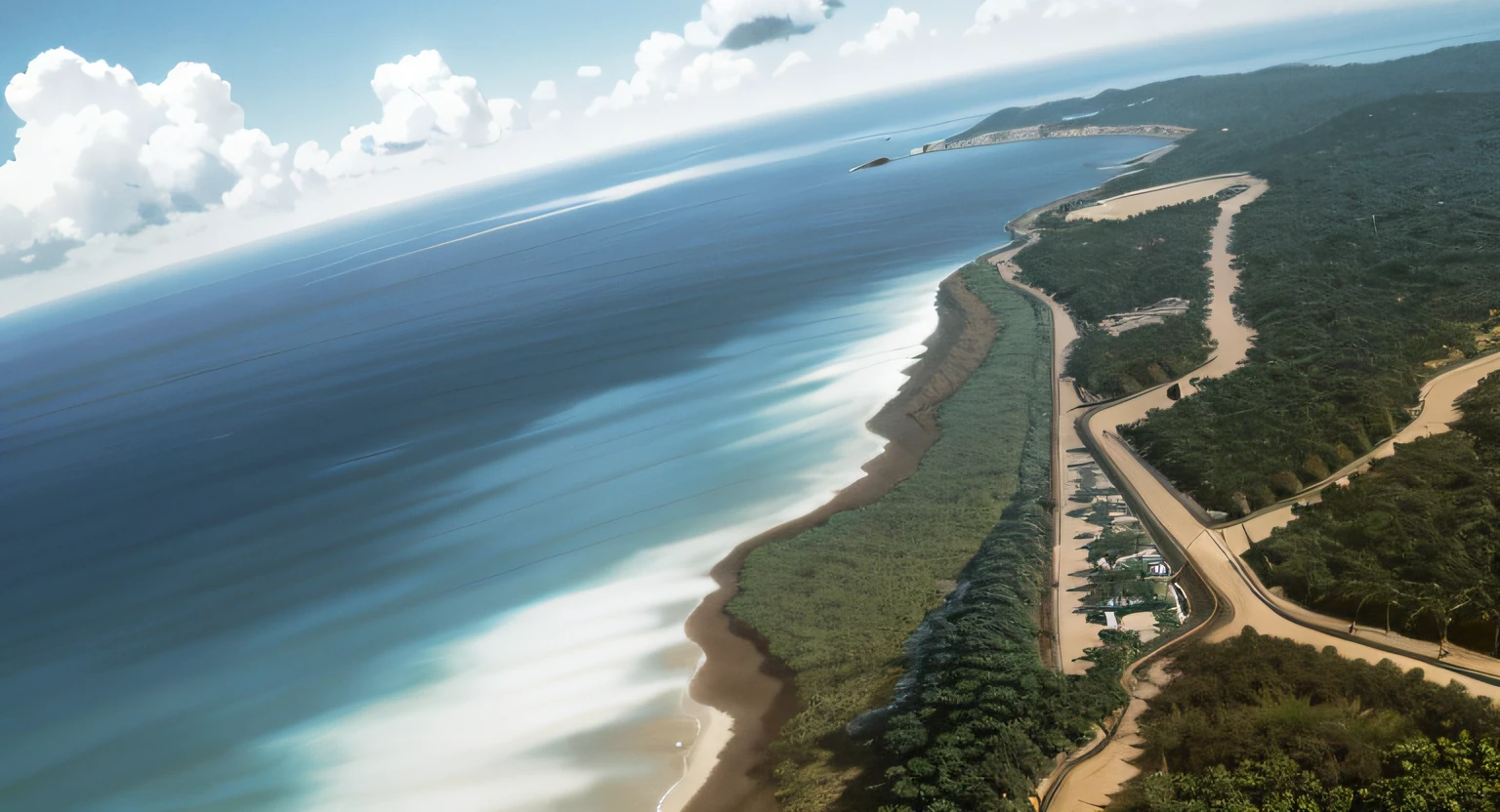 Aerial view of the beach and the road with train, shoreline, soft-sanded coastlines, amazing depth, Super high resolution, 4 k post, 4k post, looks realistic, airborne view, sun coast, incredible depth, Helicopter view, High quality wallpaper, crisp smooth lines, mid air, true realistic image, close establishing shot