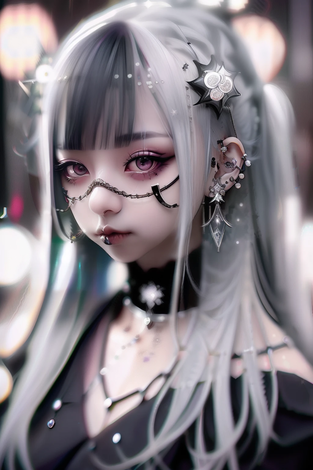 A dark-haired、A black、(((A dark-haired))),eye glass、Lunette de soleil、piercings、Forehead、Blunt bangs、Eyebrows are visible、The bikini、goth_punk, 1girl in, solo, medium shot, Walking in Harajuku, ((during night)), bokeh dof, Neon light, Iridescent eyes, starrysky, White shiny hair, White eyebrows, Radiant hair, (iridescent white hair), earrings, bangss, jewely, masks, bluntbangs, verd s eyes, Mouth mask, blurry backround, bblurry, hair adornments, Look at viewers, shorth hair, portraitures, side locks