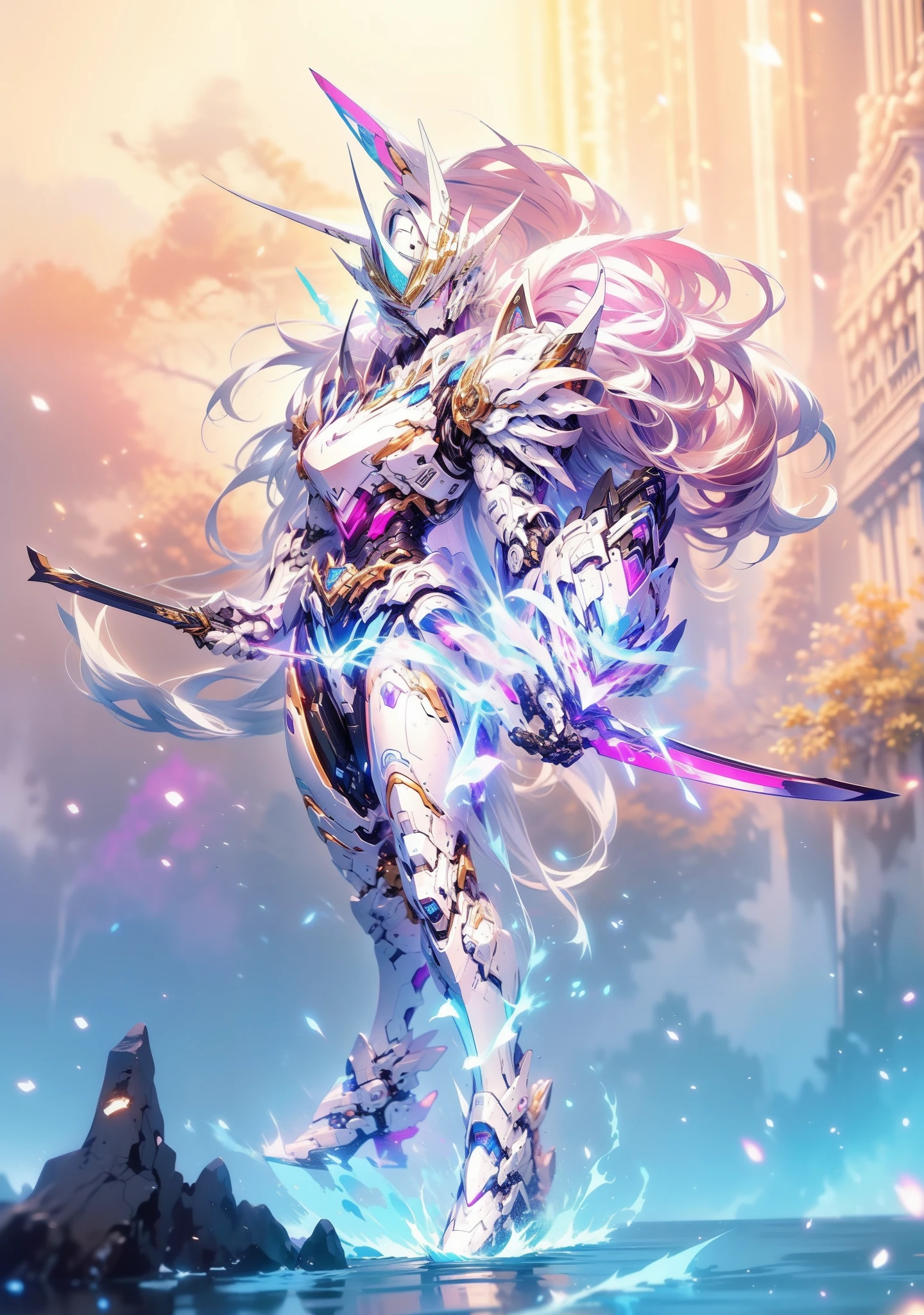 super wide shot, Close-up of the frontal photo itself,Mecha female warrior close-up,Future warrior style《Mech color: The main color is white,blue colors,Purple decoration》,(《Reference Japan Samurai sword》,Katana in hand,The knife itself glows blue),Keqing from Genshin Impact, (Masterpiece) , The best quality, High quality,电影灯光, (Exquisite future), Beautiful and beautiful, Ultra detailed, great composition, Floating, Depth of field, (Very detailed CG,Unity 8k壁纸), (Beautiful detail background), dramatic lights, GOGETTA, Mecha,best qualtiy,Ultra-high 8K Ultra HD,digital SLR camera,high qulity,Film particle resolution,detailed face with,opulent,milkyW,Highly detailed skin,Realistic details of skin,Visible Pore,tack sharp focus,volume fog,8K UHD,digital SLR camera,high qulity,filmgrain,White skin of the
