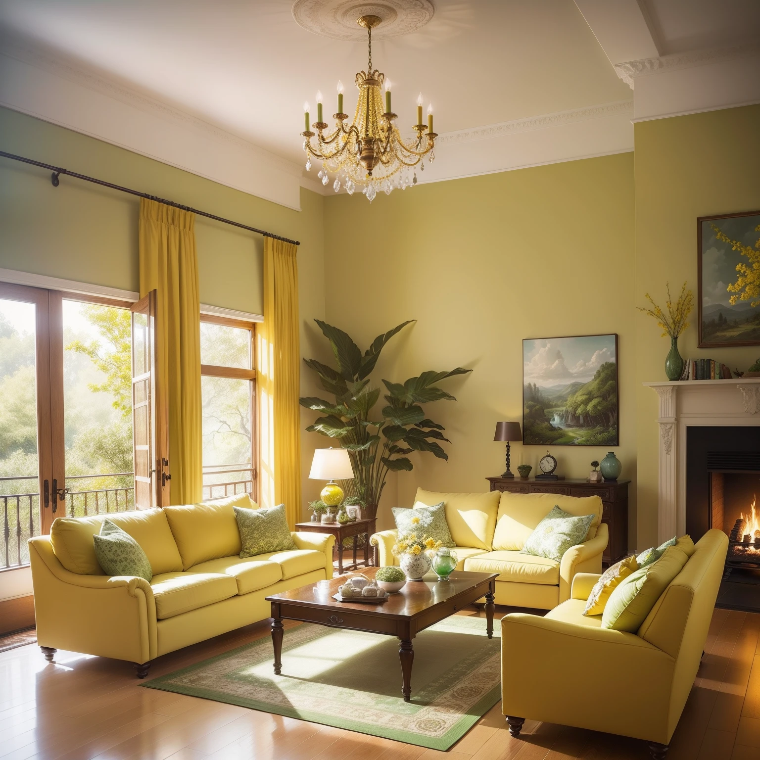 An enchanting interior design for a living room, harmoniously blending the refreshing hues of green and yellow. The subject is a testament to the fusion of nature's vibrancy and joyful energy. The scene is set in a well-illuminated living room, where the green and yellow colors come to life. The mood is lively and invigorating, creating an ambiance of positivity. The atmosphere exudes freshness and warmth, transforming the living room into a lively sanctuary. The green and yellow color combination imbues the design with a sense of natural harmony and joyful exuberance, offering a welcoming and energetic living space.