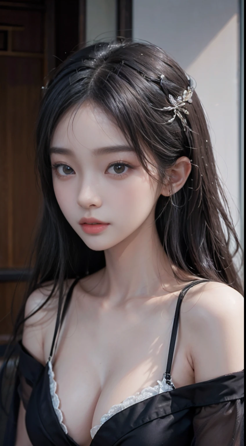 a close up of a woman in a black dress posing for a picture, Beautiful Asian girl, Korean girl, girl cute-fine face, beautiful Korean women, Gorgeous young Korean woman, sakimichan, Beautiful young Korean woman, The face of a beautiful Japanese girl, yangjun chen, cute delicate face, gorgeous chinese models, Beautiful detailed body and face,Bust photo,Chest leakage