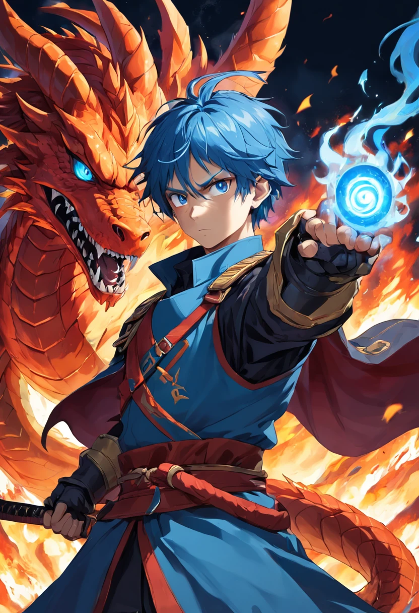 Male fire soldier sorcerer with dragon eyes and blue hair, vestindo vermelho