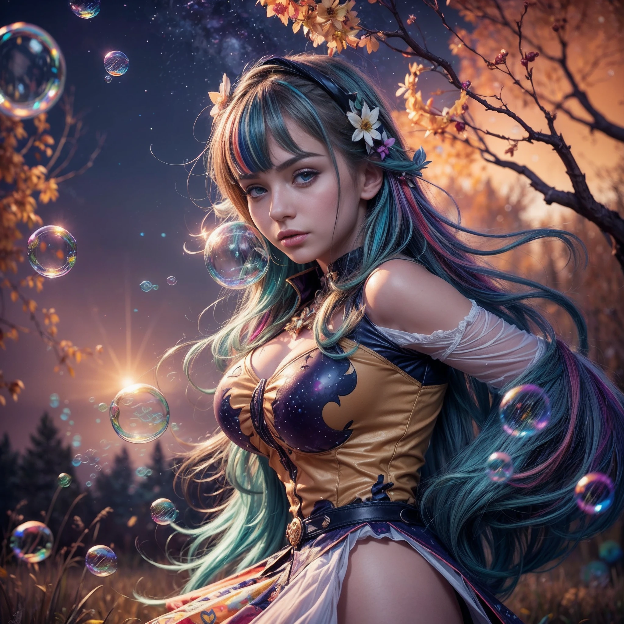 uk: 1.3) ((SFW)), ((Clean Hands)), (White Neeso without shoes)), Aqua Eye, Colored Contact Lenses, Stars in the Eyes, (((((Colorful Bubbles)))), Colorful Glass,p, field below), girl standing in a flower field and looking up, (full moon: 1.2), (meteor: 0.9), (nebula: 1.3), distant mountains, trees BREAK craft art, (warm light: 1.2), (fireflies: 1.2), lights, lots of purple and orange, intricate details, voluminous lighting, realism BREAK (masterpiece (Best Quality), 4k, Ultra Detail, (Dynamic Composition: 1.4), Very Detailed, Colorful Details,