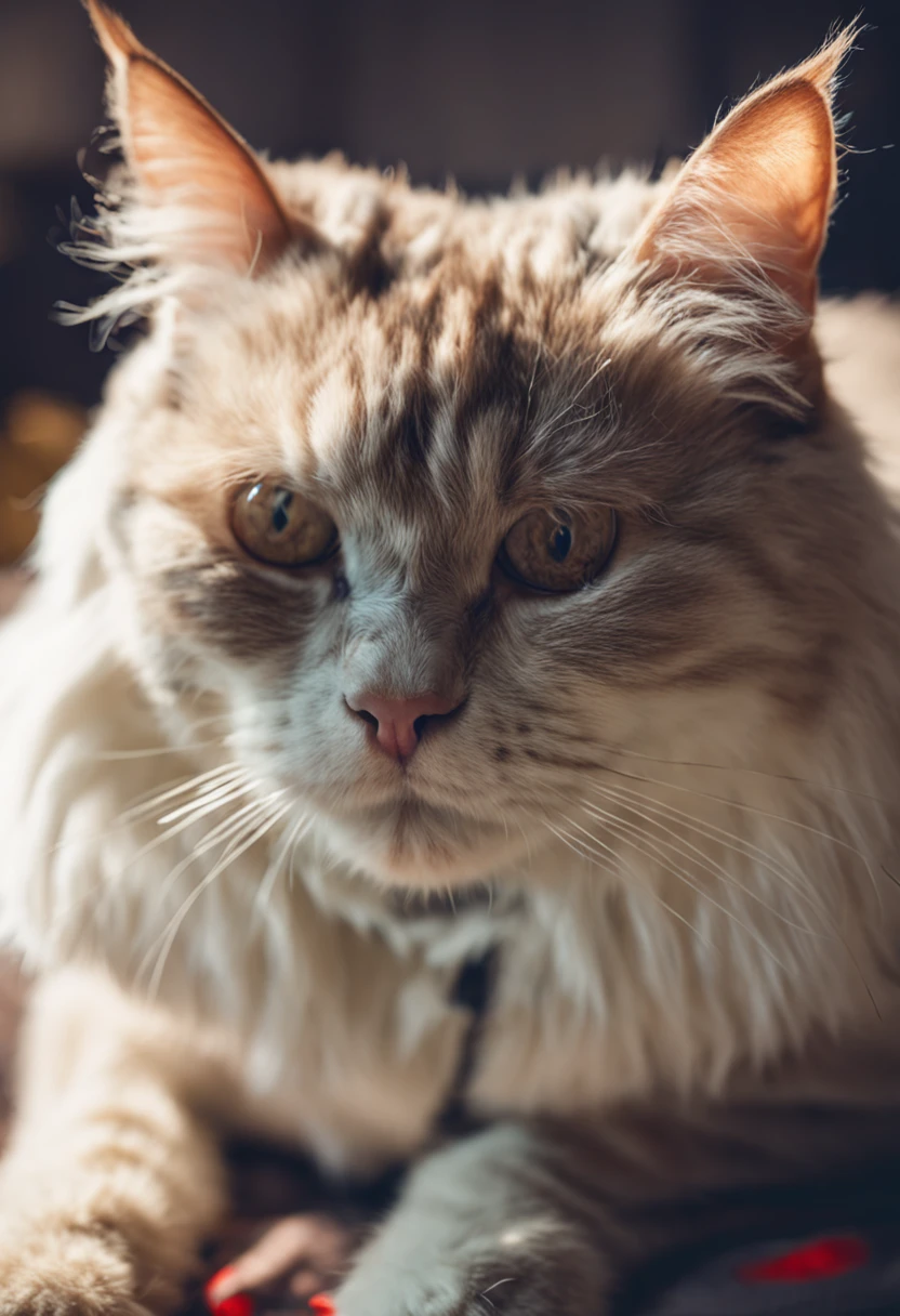 Ragamuffin cat being held by a human The lower jaw is white and the overall is dark brown