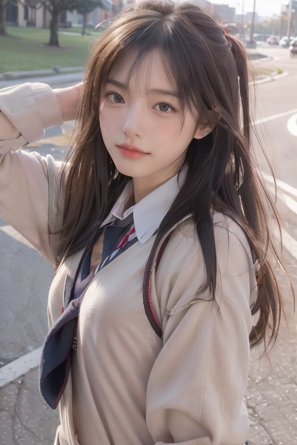 Best Quality, masutepiece, 超A high resolution, (Photorealistic:1.4), Raw photo, 1girl in,School uniform, Long hair,, (masutepiece, Best Quality, High quality, hight resolution, Ultra-detailed),