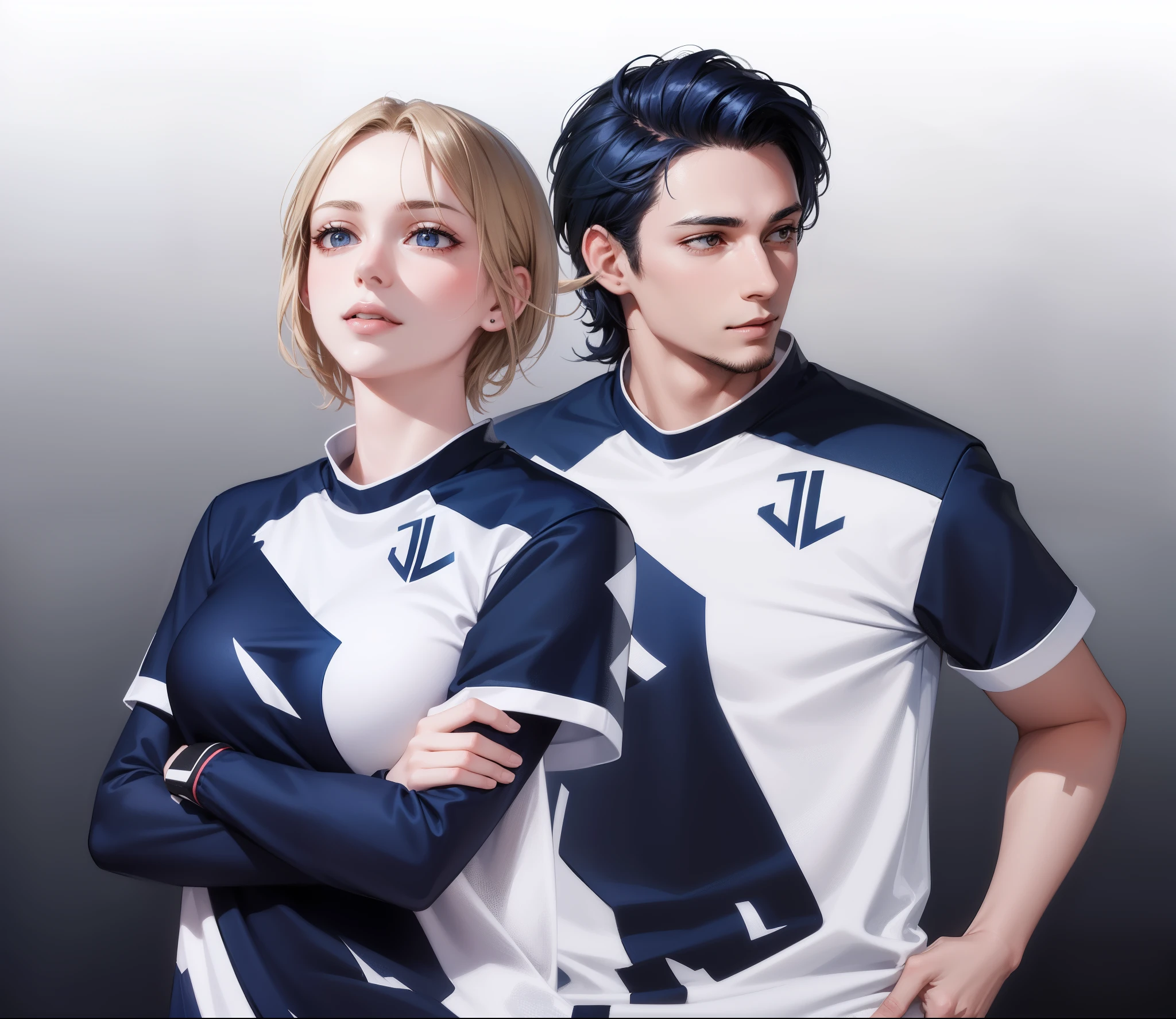 2 people, woman and man, Attractive profile picture, masterpiece, ultra-precise rendering, beautiful and cool young woman, trustworthy, dependable young woman, savior of the world, simple design, most beautiful image, 4K, blue black hair, beautiful woman, beautiful smile, clean skin, men facial hair, girl short hair