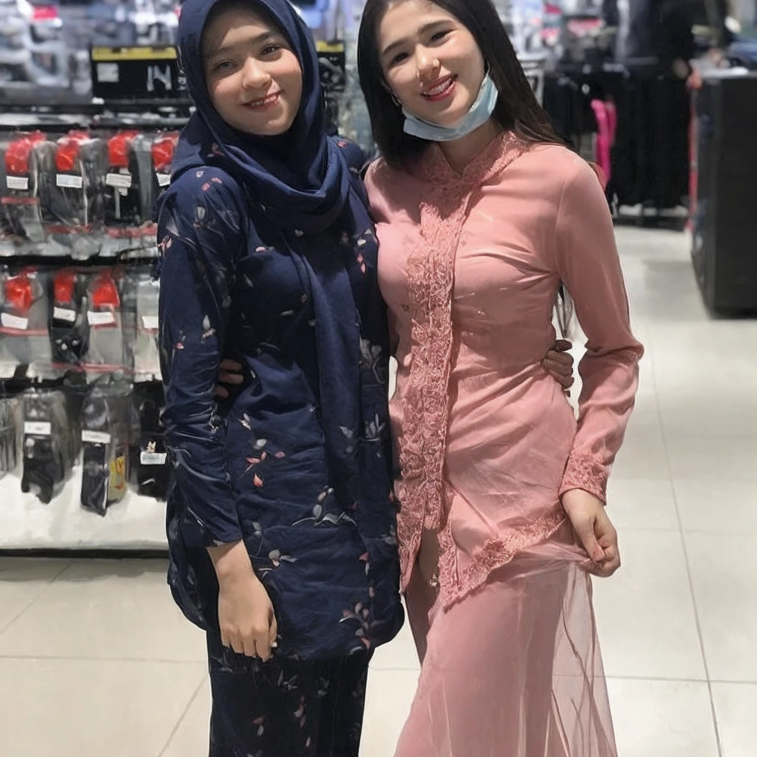 1 malay girl , modern plain hijab, shy, medium portrait shot , watery eyes , pink glowing particles, wear pastel saree,(( big breast)), pink light bokeh background, proportional body,