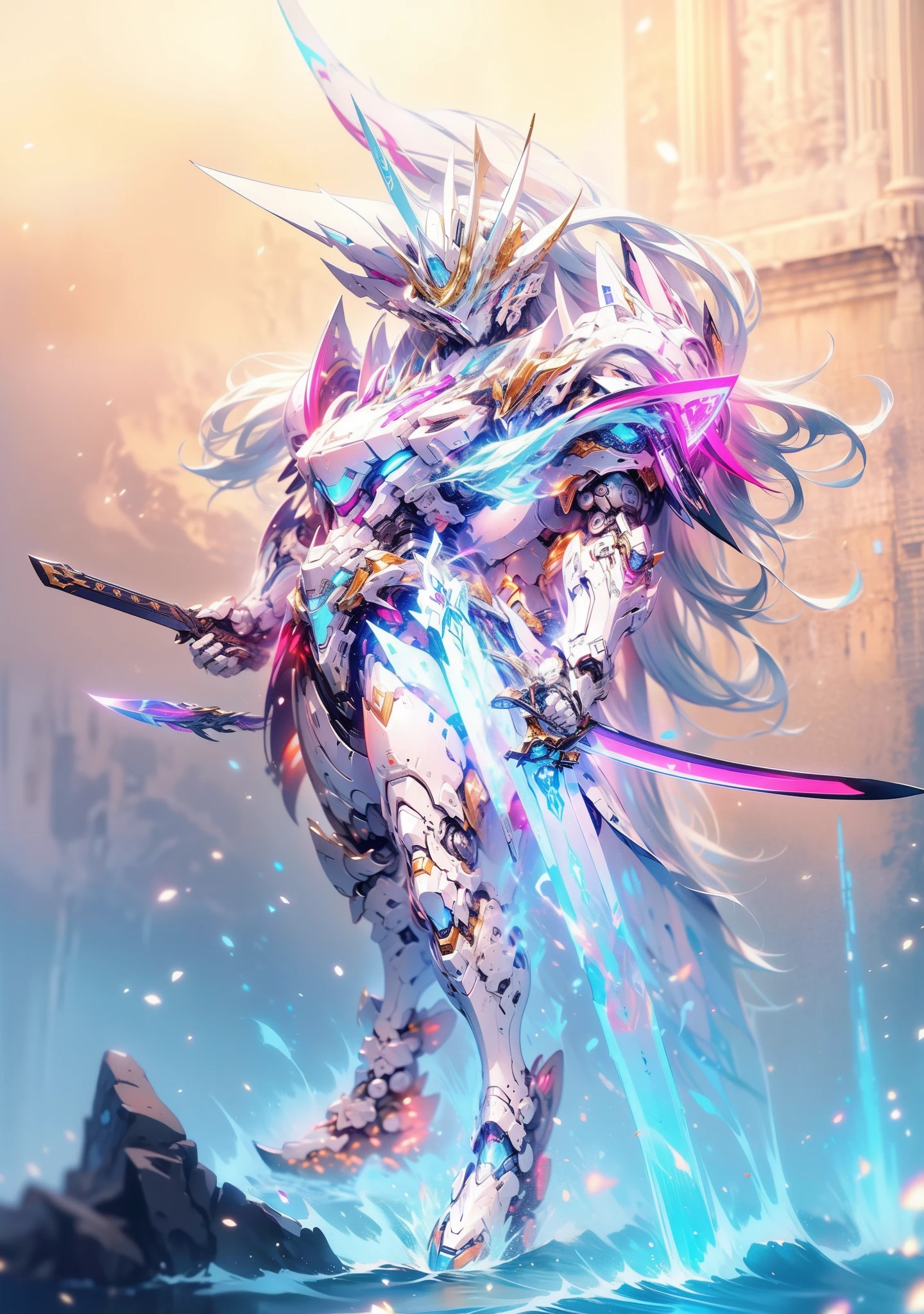 super wide shot, Close-up of the frontal photo itself,Mecha female warrior close-up,Future warrior style《Mech color: The main color is white,blue colors,Purple decoration》,(《Reference Japan Samurai sword》,Katana in hand,The knife itself glows blue),Keqing from Genshin Impact, (Masterpiece) , The best quality, High quality,电影灯光, (Exquisite future), Beautiful and beautiful, Ultra detailed, great composition, Floating, Depth of field, (Very detailed CG,Unity 8k壁纸), (Beautiful detail background), dramatic lights, GOGETTA, Mecha,best qualtiy,Ultra-high 8K Ultra HD,digital SLR camera,high qulity,Film particle resolution,detailed face with,opulent,milkyW,Highly detailed skin,Realistic details of skin,Visible Pore,tack sharp focus,volume fog,8K UHD,digital SLR camera,high qulity,filmgrain,White skin of the