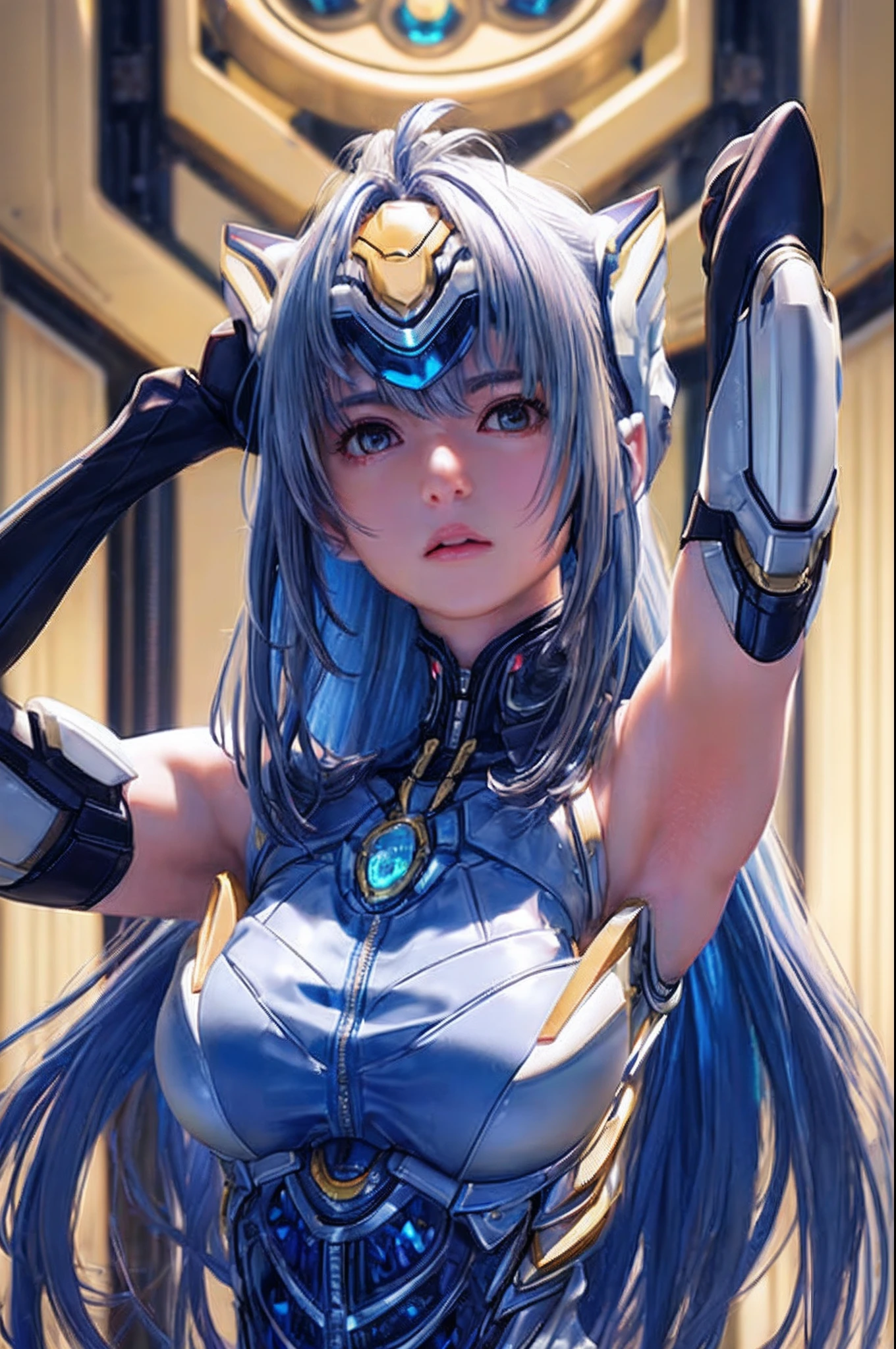 top-quality、​masterpiece、超A high resolution、(Photorealsitic:1.4)、1人、Light blue hair、Straight hair, shiny and clean hair、White shiny skin、Sexy Cyberpunk Girl、((super realistic details))、Shadow、octan render、ultrasharp、hyperdetailed face、Fiberglass、Luminous tube、highly intricate detail、Realistic light、CGSoation Trends、((Golden Eyes))、(Facing the camera)、neon details、Mechanical limbs、Mechanical vertebrae attached to the back、mechanical cervical attaching to neck、Wires and cables connecting to the head、cosmic background、Rat trail section、((valkyrie))、((Beam Cannon))