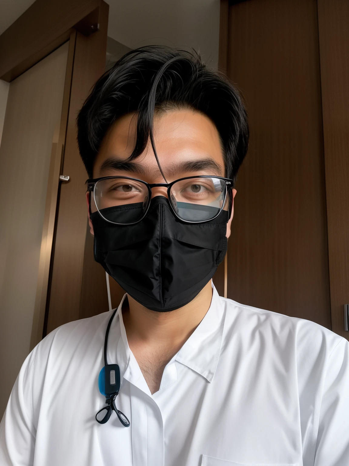 Arafeld man wearing a mask and glasses in a hotel room, wearing transparent glass mask, wearing face mask, wearing face mask, surgical mask covering mouth, wearing lab coat and glasses, wearing facemask and sunglasses, Wearing a mask, 8k selfie photograph, wearing small round glasses, Wearing an all-black door wave mask, medical mask,With glasses