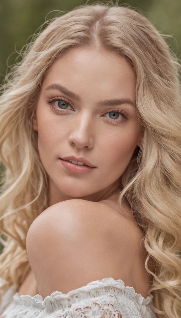 (photorealism:1) An white skin, light blonde, pretty 20 y/o girl, with big green eyes, straight nose, medium arched eyebrows, and full lips. Soft face features. Very long medium wavy hair with bangs. Wearing a white dress. With a light green background.