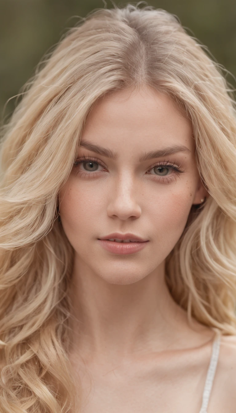 Create a realistic image of a young woman with blonde hair and intense green eyes. She is tall, her body is slim, with large breasts, a thin waist and wide hips. She has a sexy and elegant presence. His facial expression is fearless, conveying confidence and a slight shy smile.