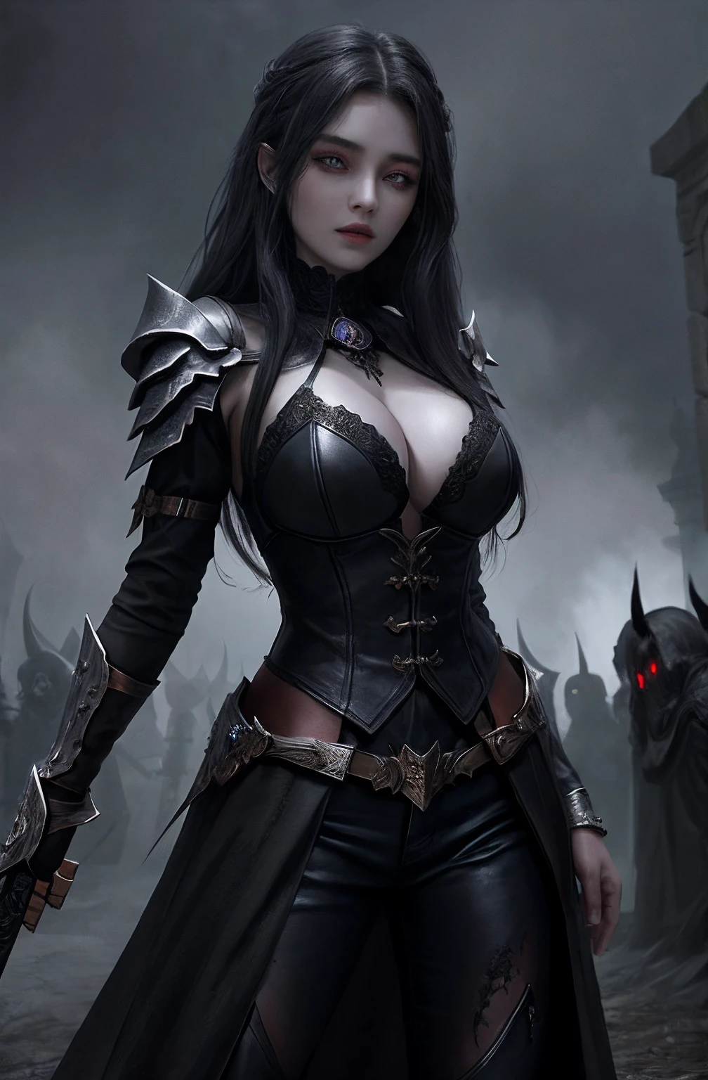 (16k, masterpiece, best quality), ultra-detailed, detailed beautiful round eyes, beautifully detailed face, high quality, high resolution, a female necromancer appeared from the fog with an army of undead, in the darkness of the night, goddess of darkness, undead army, straight hair, evil, an evil face, undead background, big breast, mature women, dynamic pose