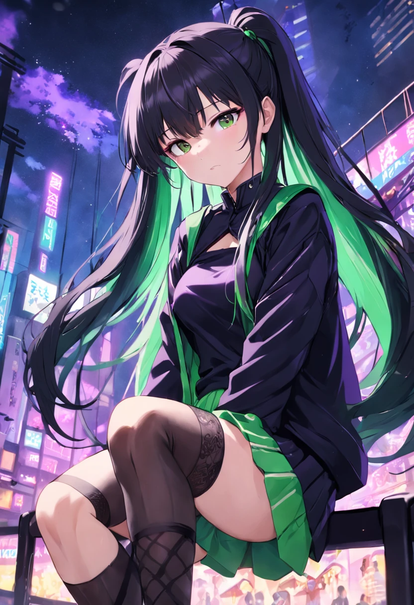 cabelos preto e longos，Side ponytail，Purple and green clothes，Campus JK，black lence stockings，444 Hz, Beautiful, Breathtaking, Highly detailed, 8K, Use, Affectionate, Ultra photo realsisim, scenery