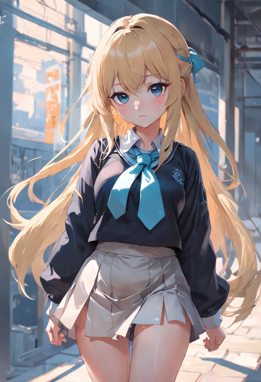 full-body shot, dynamic pose, wearing short office skirt with a tie and a blouse , blonde long hair girl, facing at camera, artwork in the style of guweiz, guweiz on pixiv artstation, guweiz on artstation pixiv, guweiz, soft anime illustration, Anime visuals of cute girls, Detailed Digital Anime Art