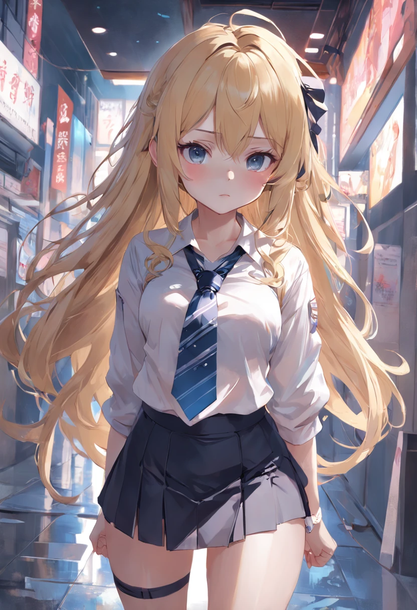 full-body shot, dynamic pose, wearing short office skirt with a tie and a blouse , blonde long hair girl, facing at camera, artwork in the style of guweiz, guweiz on pixiv artstation, guweiz on artstation pixiv, guweiz, soft anime illustration, Anime visuals of cute girls, Detailed Digital Anime Art