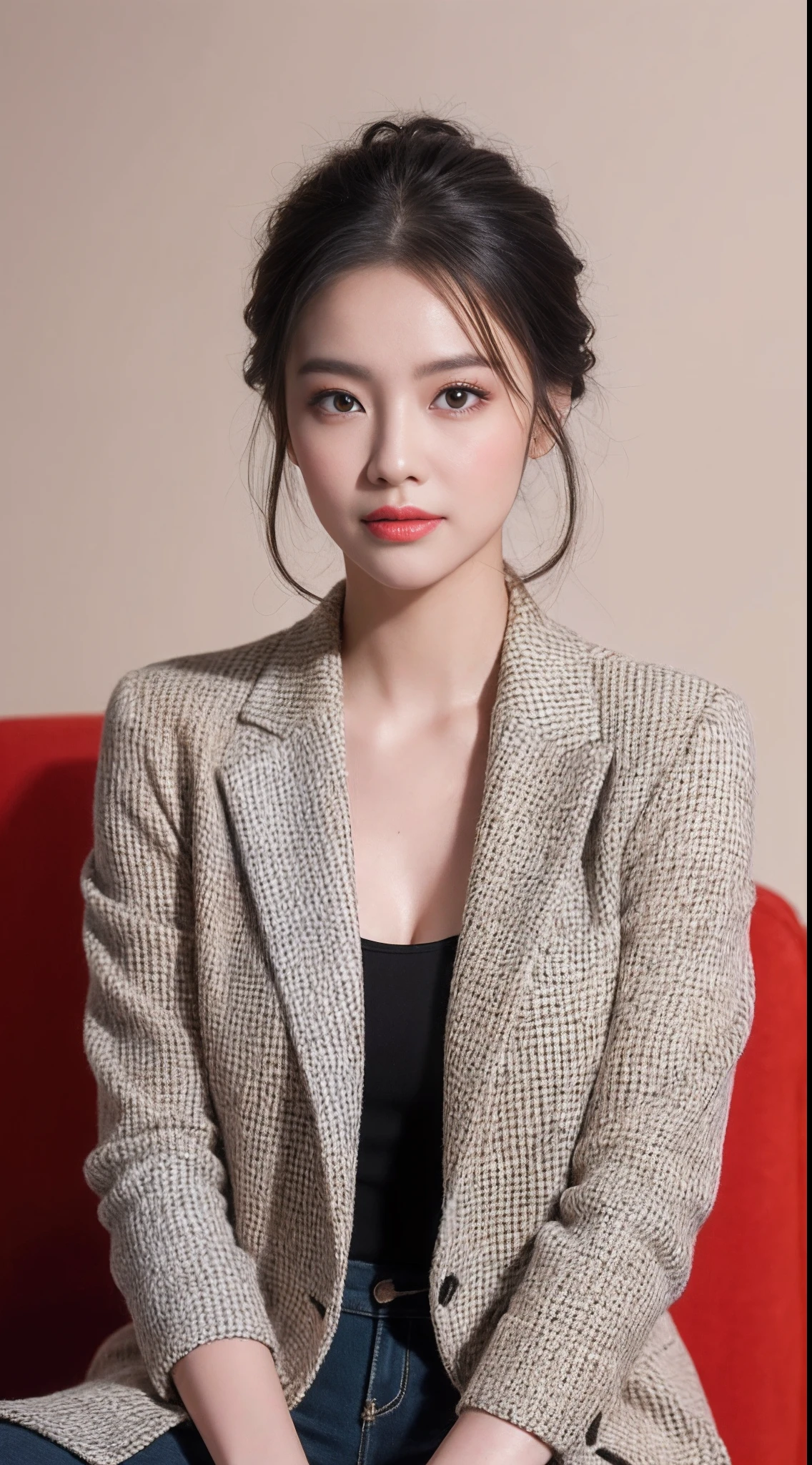 (RAW photogr:1.2),The highest quality, 超高分辨率, Female anchor,sitting in the couch,The female anchor wore a red blazer,Pair it with a white shirt and black trousers。Makeup is delicate and generous,Mainly light makeup,Highlights the female anchor's eyes and lips。The face shape is round,The eyes are big and spirited,The eyebrows are natural and curved,Plump and rosy lips。Hair coiled,Present a clean and capable image。,indoor background