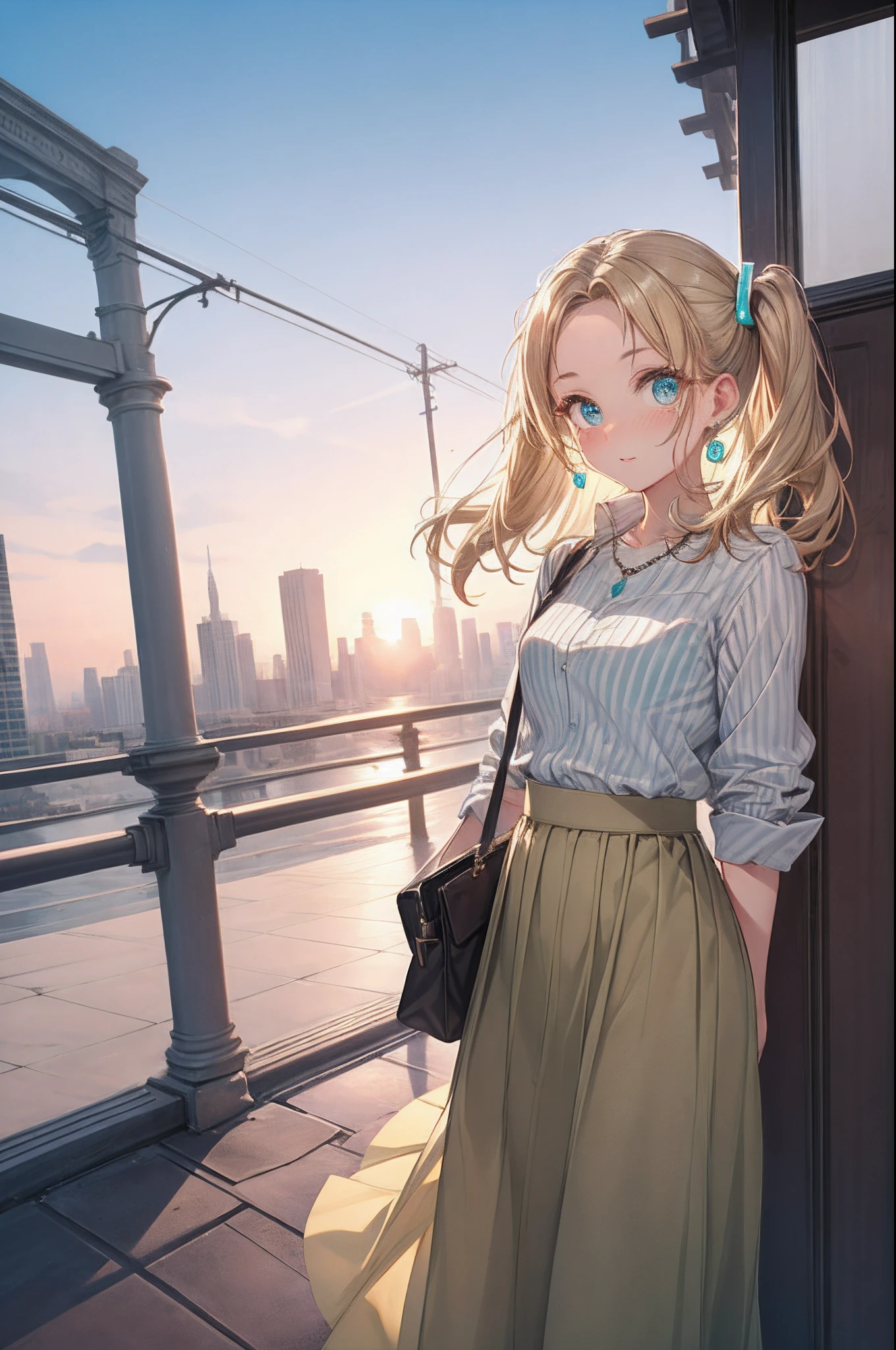 absurderes, ultra-detailliert,bright colour, extremely beautiful detailed anime face and eyes, view straight on, ;D, shiny_skin,25 years old, Short hair, (Forehead:1.3), Blonde hair with short twin tails, Shiny hair, Delicate beautiful face, red blush、(cyan eyes:1.2), White skin, hair clips, earrings, a necklace, (white lateral striped shirt:1.4), (Surprised:1.4),(khaki long skirt:1.3),Beautiful cloud, Dusk sky,Full body