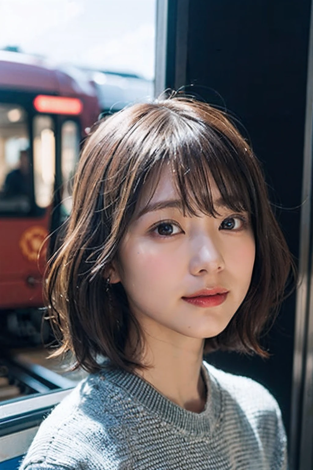 (8K、RAW photography、top-quality、tmasterpiece:1.2)、(hentail realism、Photorealsitic:1.37)、ultra - detailed、超A high resolution、1 rapariga、see the beholder、beautifull detailed face、A smile、shrinks、(Slim waist) :1.3)、short cut、beautiful detailed skin、Skin texture、Floating hair、Professional lighting、Wait for the platform train、Black-framed square mirror 、full bodyesbian、Brown hair