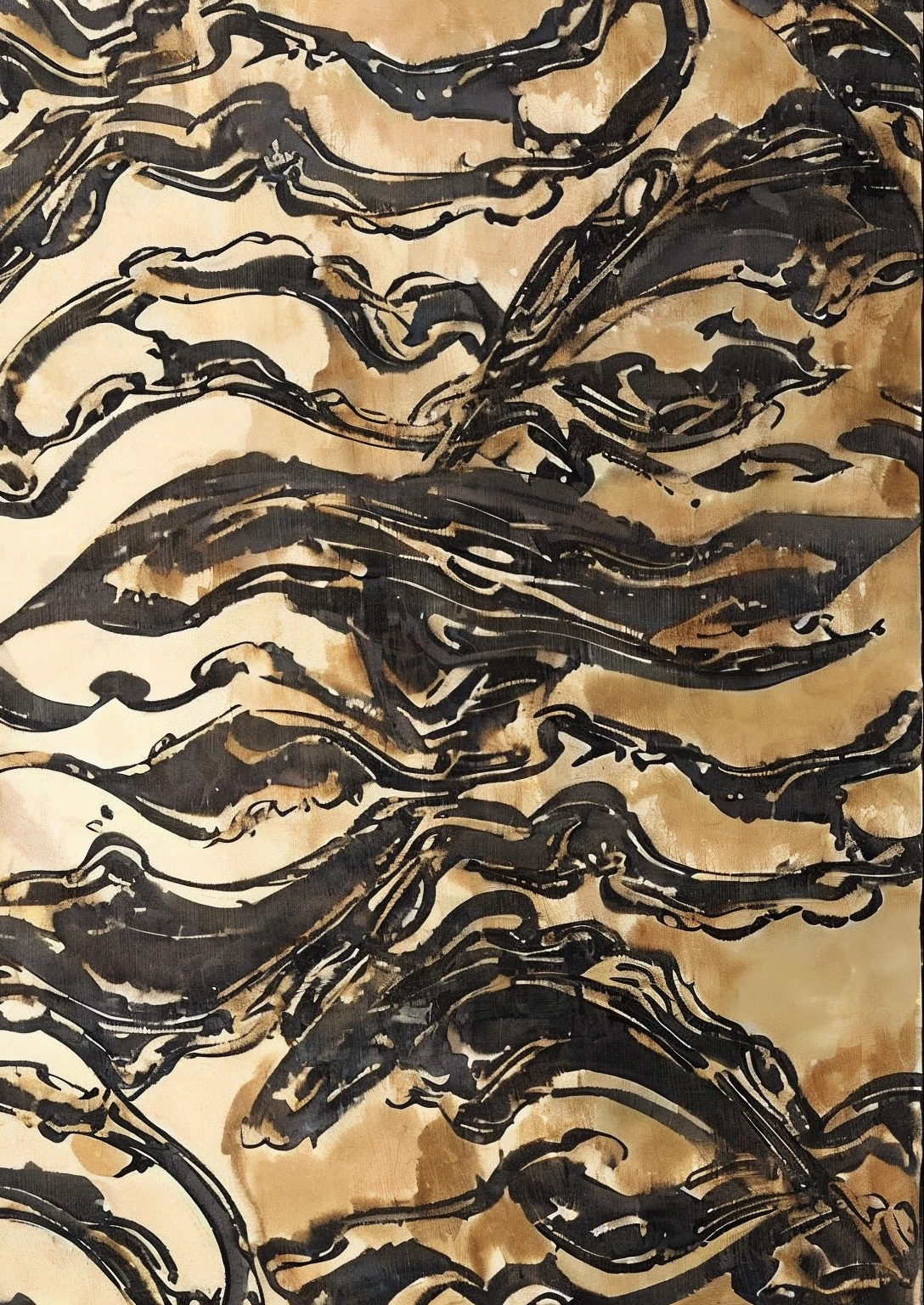 Close up of gold and black wallpaper with wave pattern, gilded marbled paper background, gold striated swirling finish, Monochromatic gold-plated swirl, liquid golden and black fluid, black marble and gold, black gold ink dripping, liquid gold, There are veins of magma and gold, Gold and Black Metal, engraved texture, gold inlay, marbled