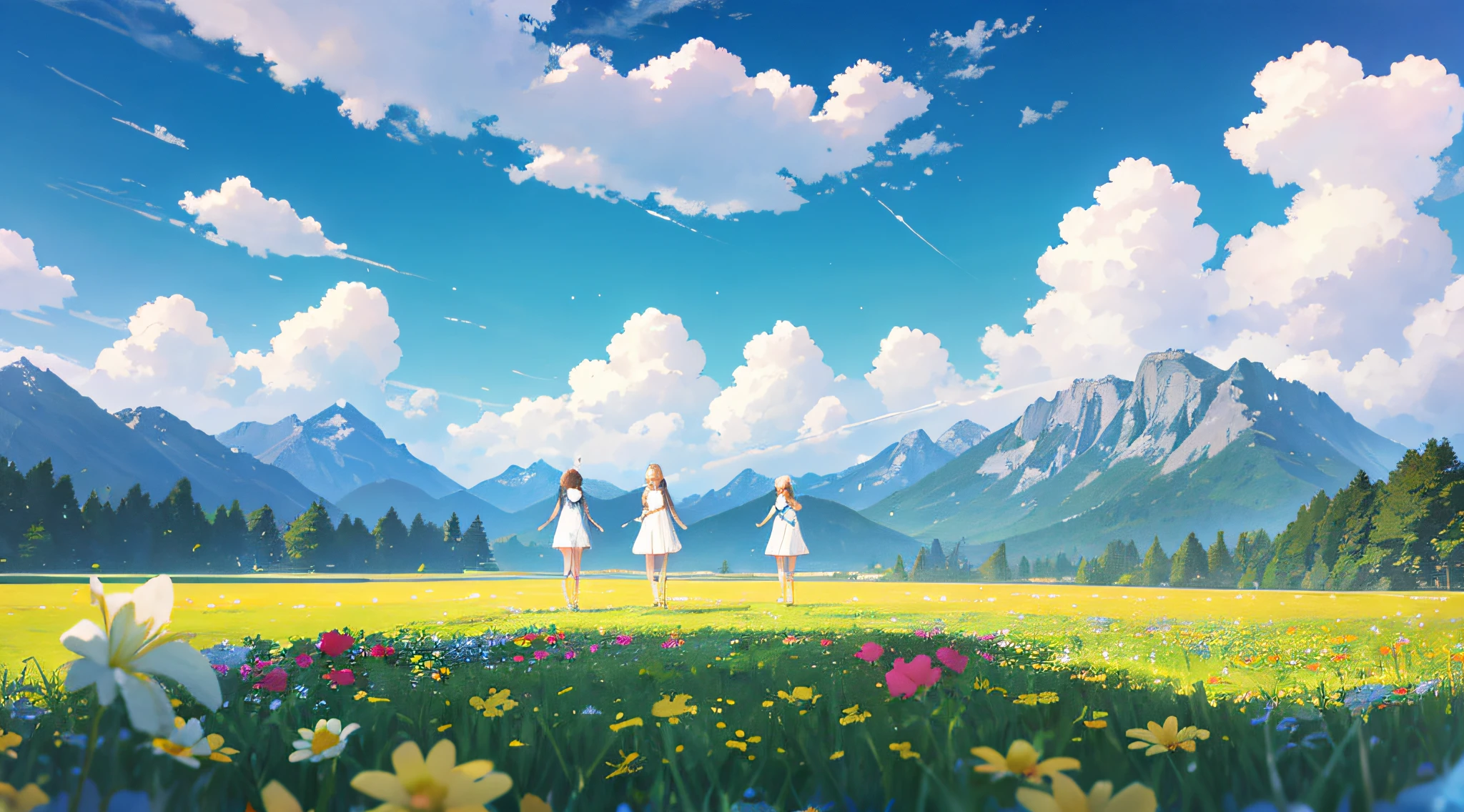 Summer, meadows, a few small flowers, clear lakes, heaven, big clouds, blue sky, hot weather, HD details, surdetails, cinematic, surrealism, soft light, deep field focus bokeh, distant vistas are snowy mountains, ray tracing and surrealism. --v6