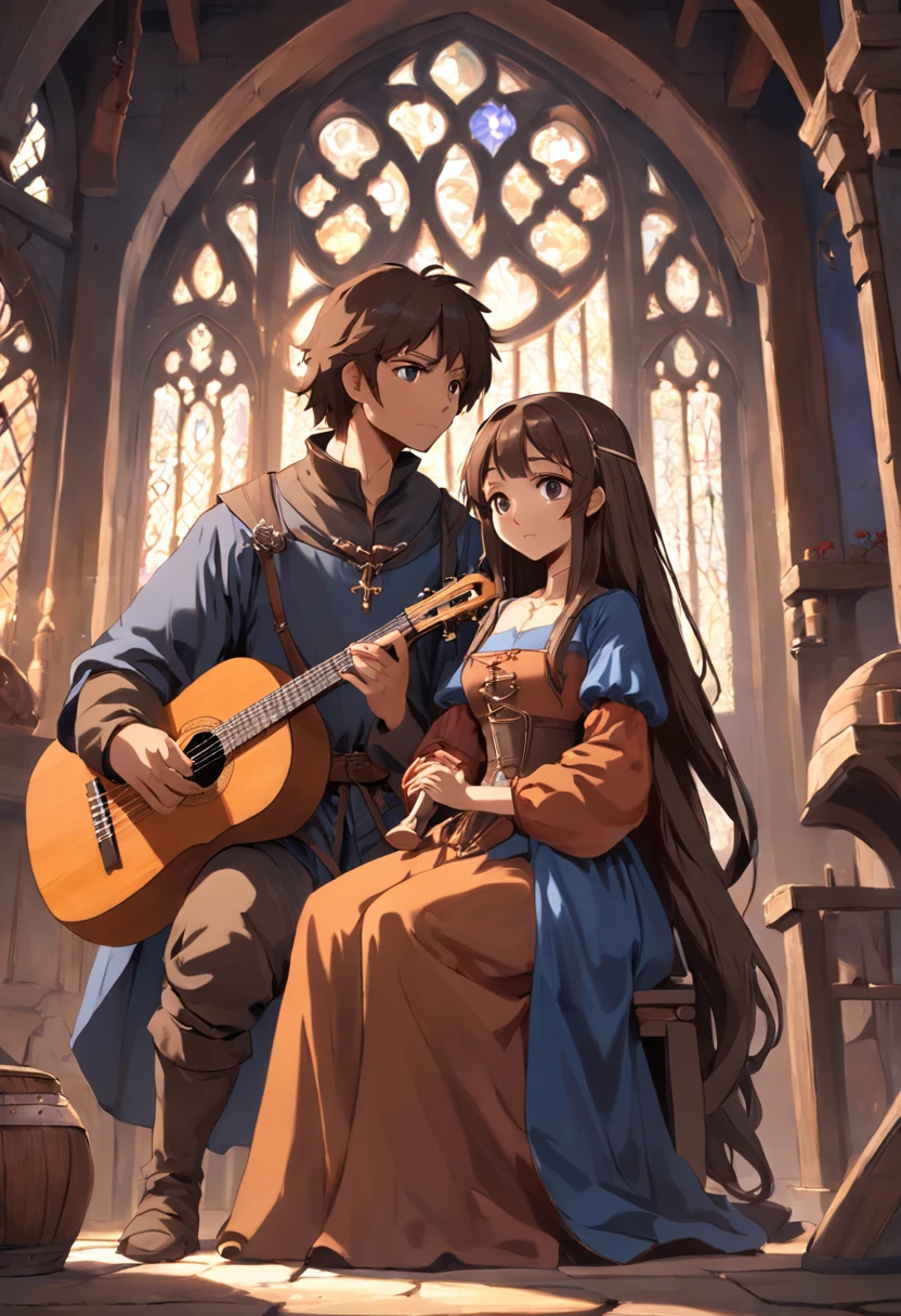 Brown woman wearing medieval men's clothes and holding a lute