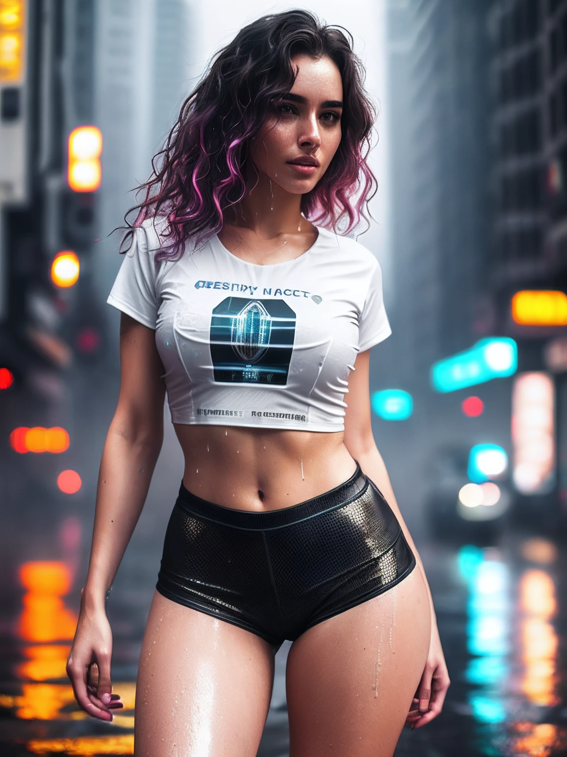 gorgeous woman with wavy hair detailed alluring eyes Thigh gap long sexy legs wearing tiny shorts tshirt in beautiful futuristic cyberpunk+ city, mist, wet, raining, best quality masterpiece, photorealistic, detailed, 8k, HDR, shallow depth of field, broad light, high contrast, backlighting, bloom, light sparkles, chromatic aberration, sharp focus, RAW color photo