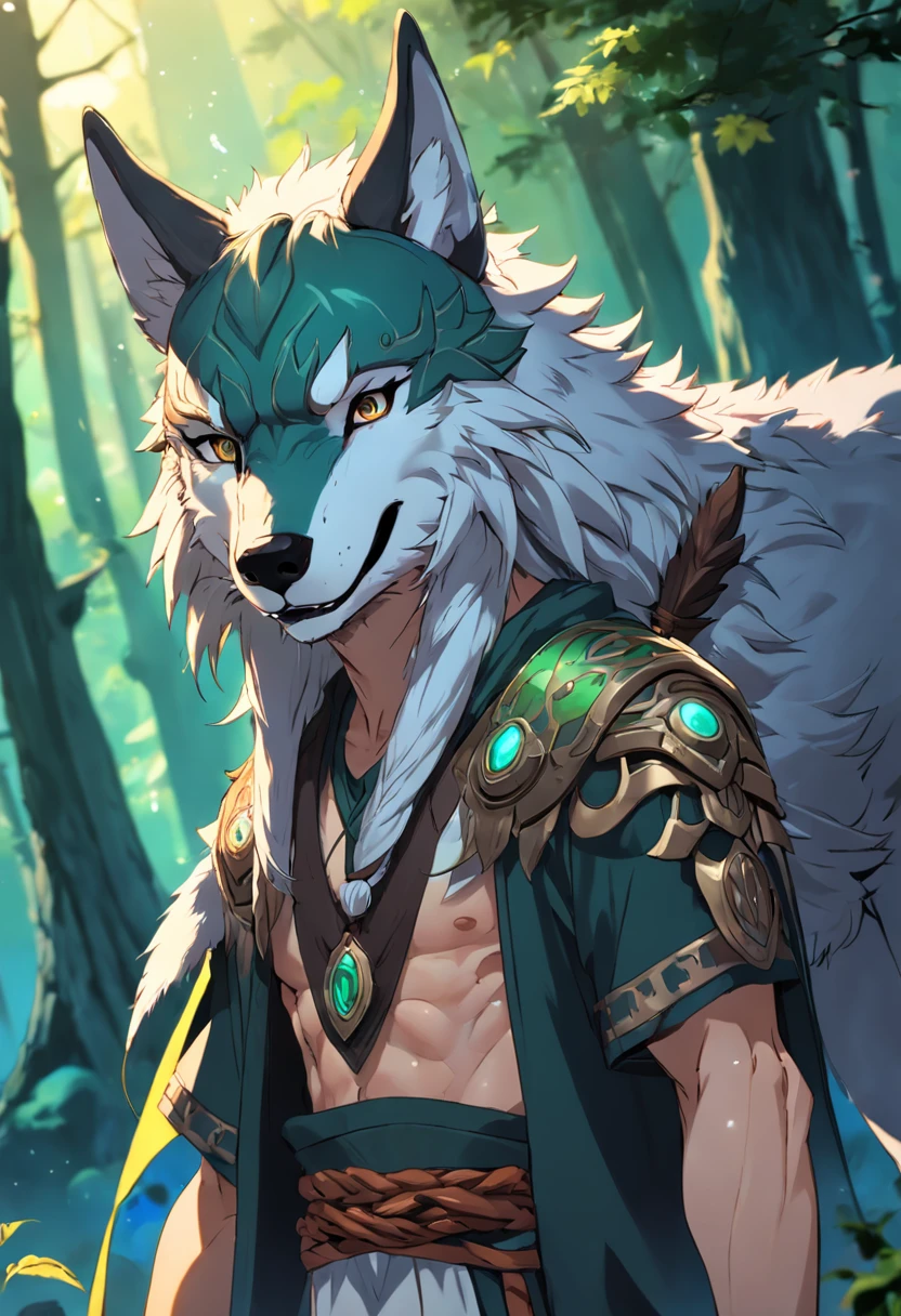 Kind male druid with wolf head helmet
