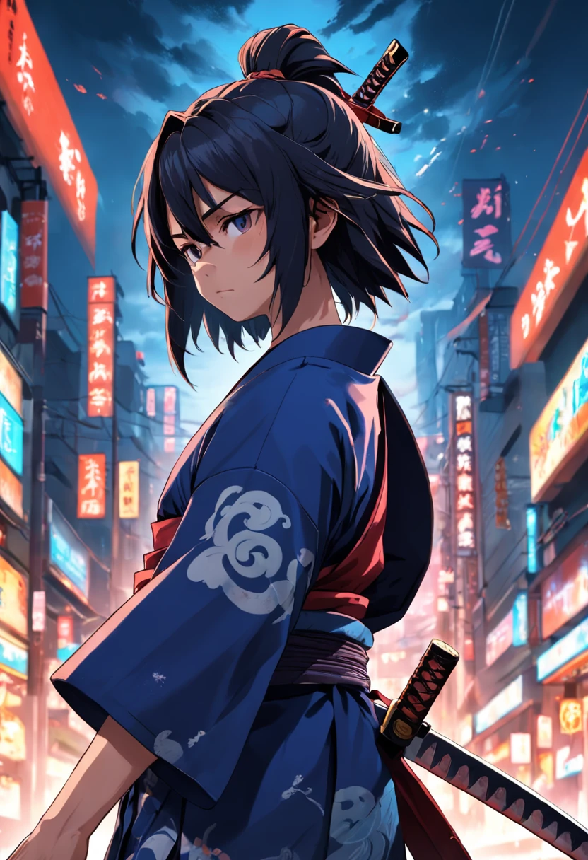Samurai de 18 anos com pouco cabelo , usando uma katana