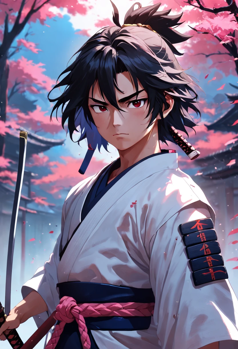 Samurai de 18 anos com pouco cabelo , usando uma katana