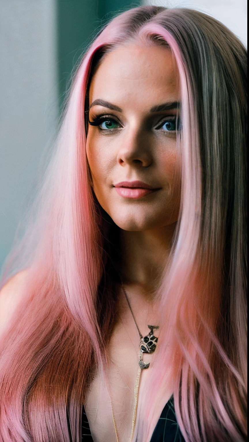 there is a woman with long pink hair, long hair , looking hot, large exposed breasts, pink hair, wearing professional makeup, looking cute, looking to the side, brooke ashling, looking off to the side, cooking it, naked looking towards the camera, looking the camera, with professional makeup