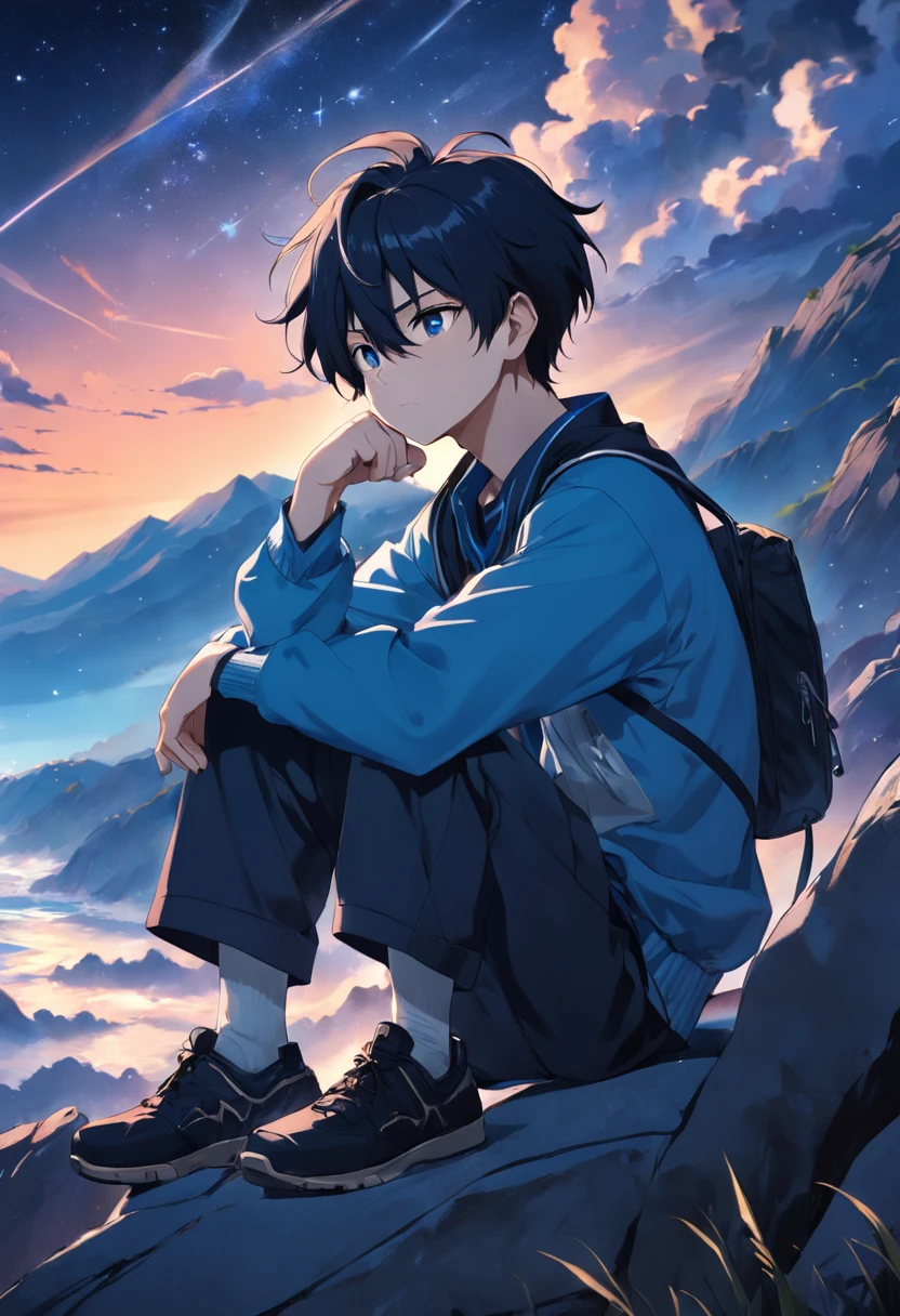 A black hair, ahoge, sleepy, sulking, anime, anime style, chiaroscuro, depth of field, motion blur, UHD, high details, high quality, Highres Side Face Close-up of high school male students sitting on a cliff with a clear blue starry sky in the background