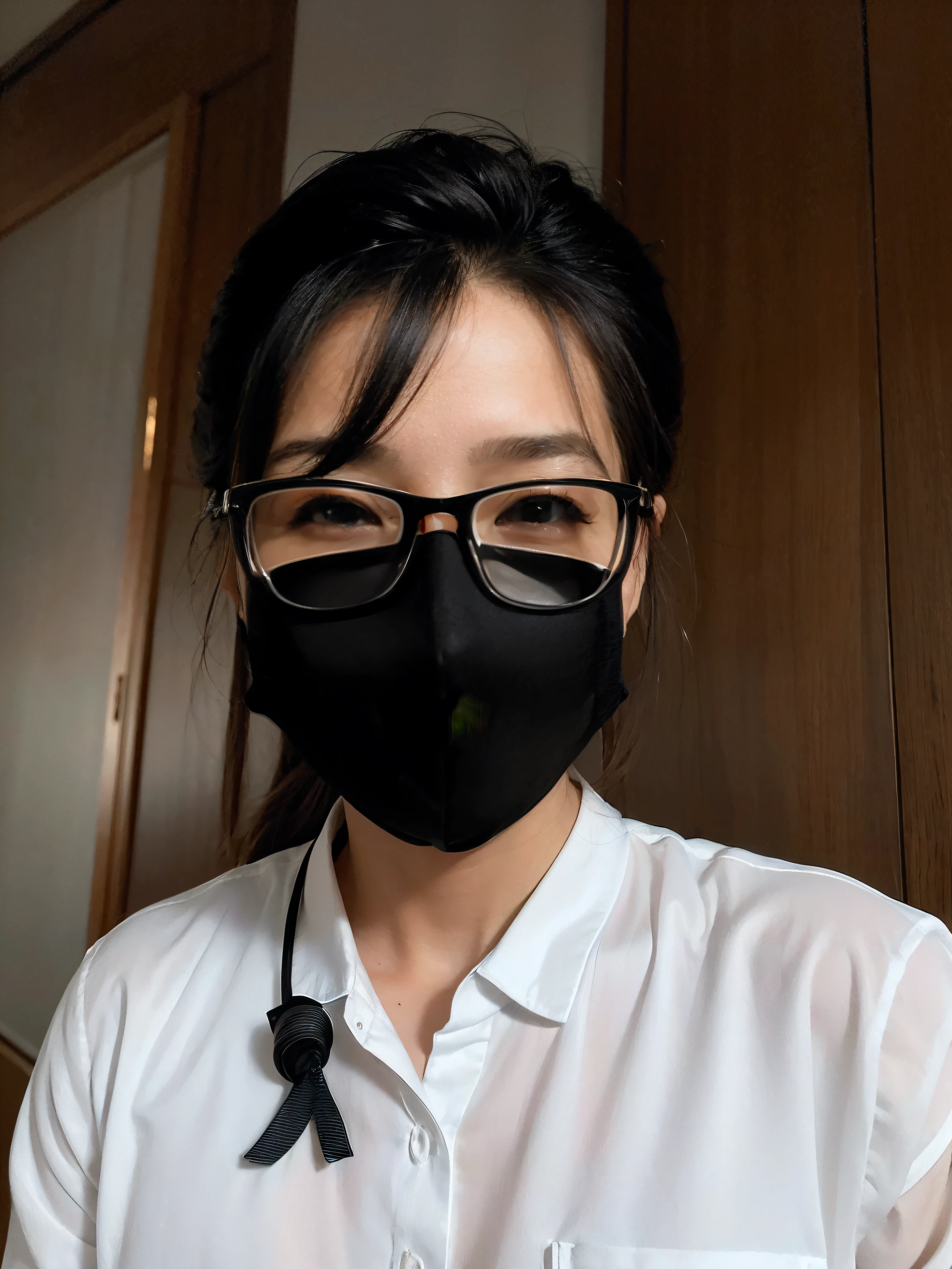 Wearing a black mask,Big breasted Chinese woman with glasses tie, Wearing an all-black door wave mask, wearing transparent glass mask, wearing facemask and sunglasses, wearing face mask, wearing black rimmed glasses, wearing face mask, Wearing a mask, wearing shiny black goggles, surgical mask covering mouth, wearing black glasses, wearing small round glasses, wearing black rimmed glasses