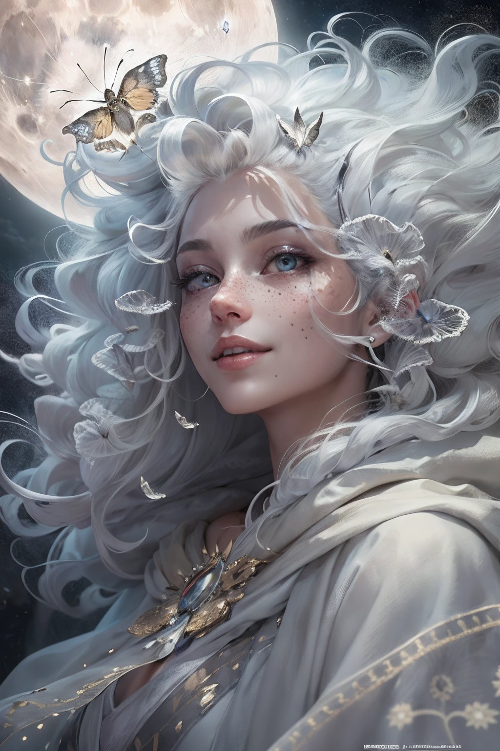 Masterpiece, best quality, ethereal moonlit woman with moth-like features, grey color scheme, adorned with freckles, white flowing hair resembling fluffy clouds, short fuzzy hair, draped in a cloak that looks like moth wings, enchanting grey light-colored eyes and a shy smile, she is the embodiment of the moon