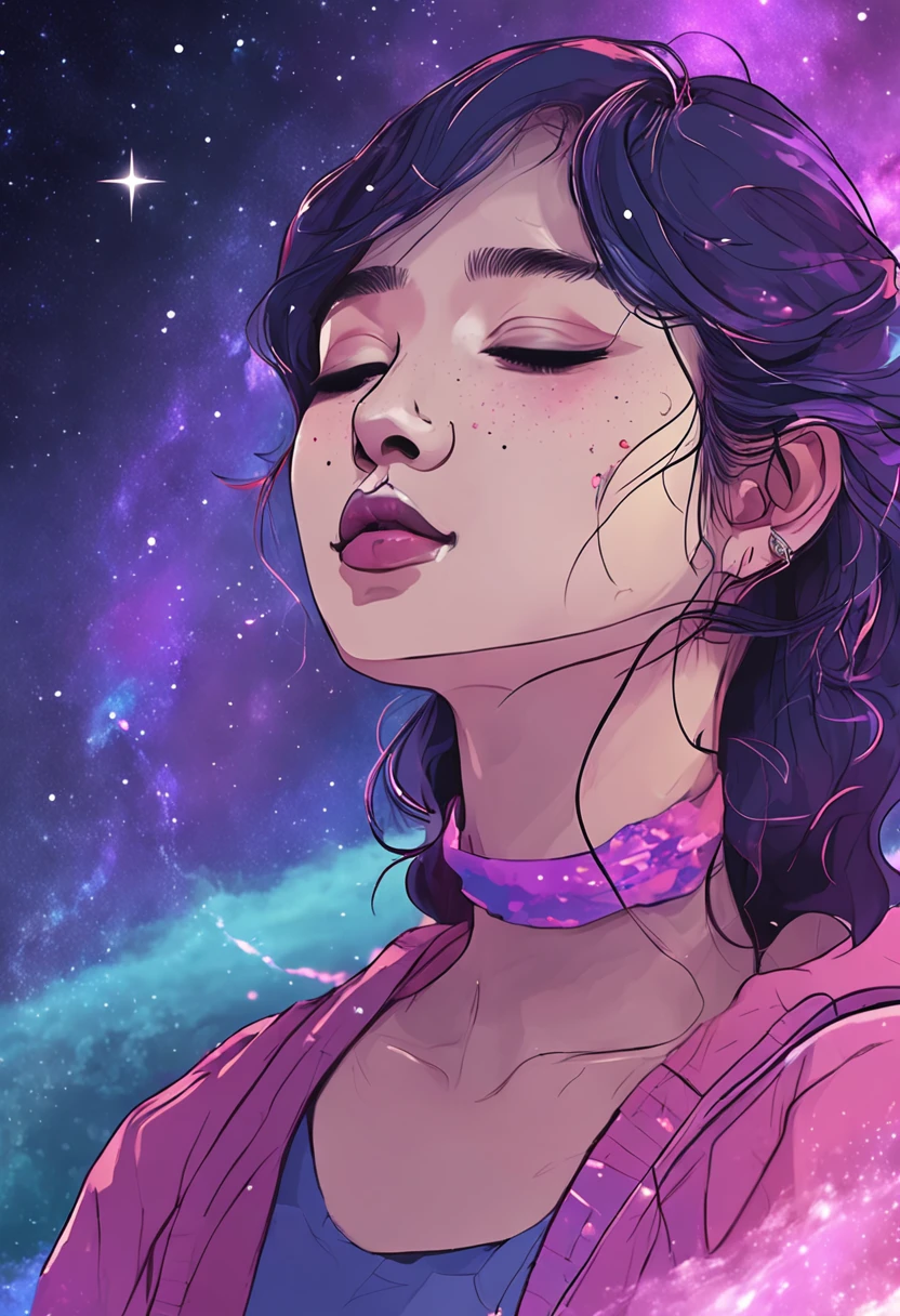 Korean girl half face, Soothing colors with realistic stroke style and purple and blue color palette, Universe and stars on background.