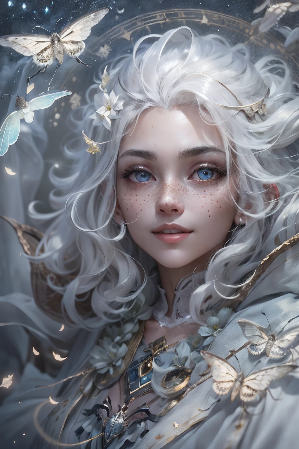 Masterpiece, best quality, ethereal moonlit woman with moth-like features, grey color scheme, adorned with freckles, white flowing hair resembling fluffy clouds, short fuzzy hair, draped in a cloak that looks like moth wings, enchanting grey light-colored eyes and a shy smile, she is the embodiment of the moon