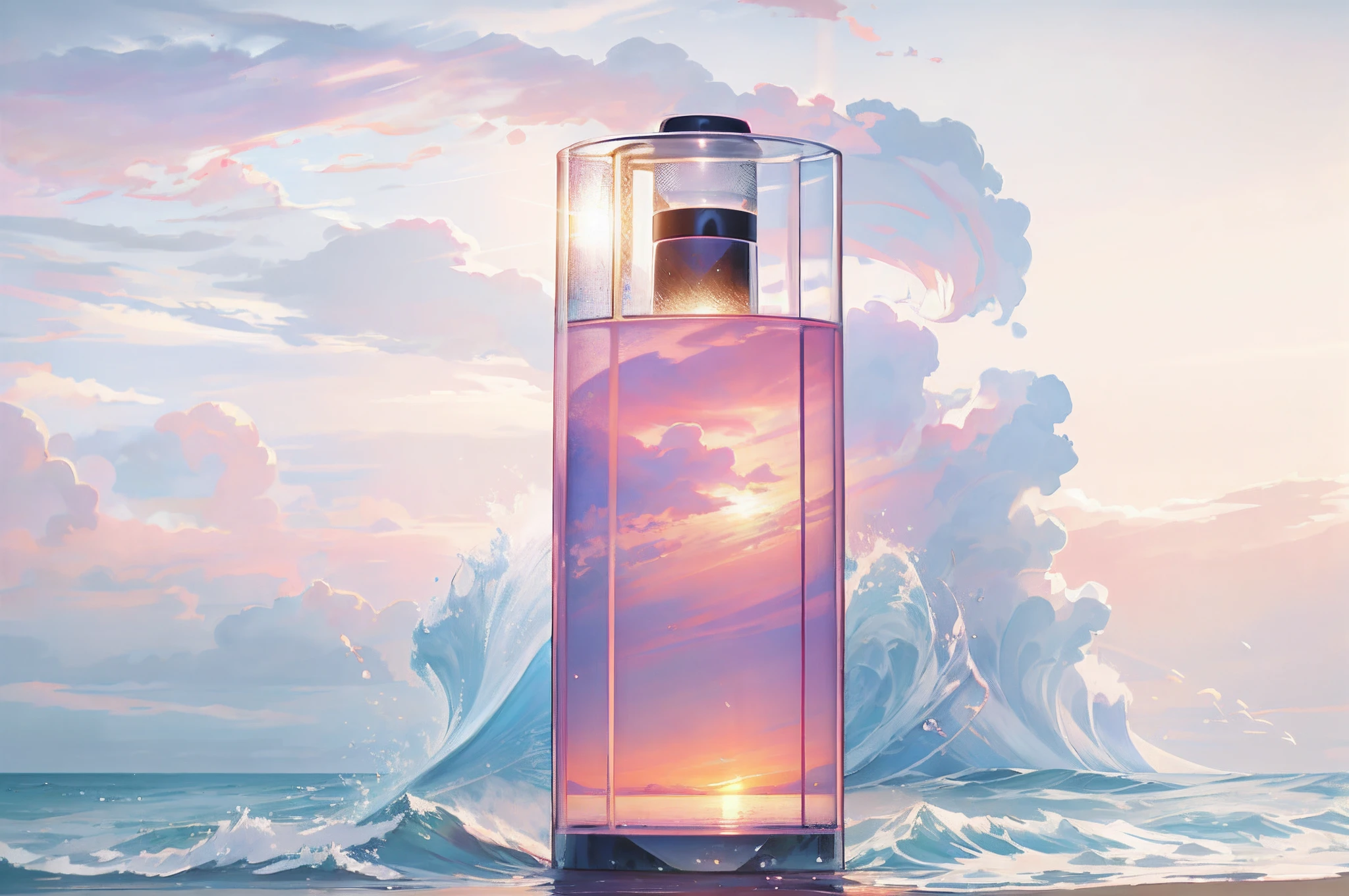 the wallpaper, lighthouse, Sea, wave breaking, Pink sky, beach, high definition detail, hyper-detailing, film, Super God, Soft light, Deep field focus bokeh, The bottle is opaque and surreal. --v6