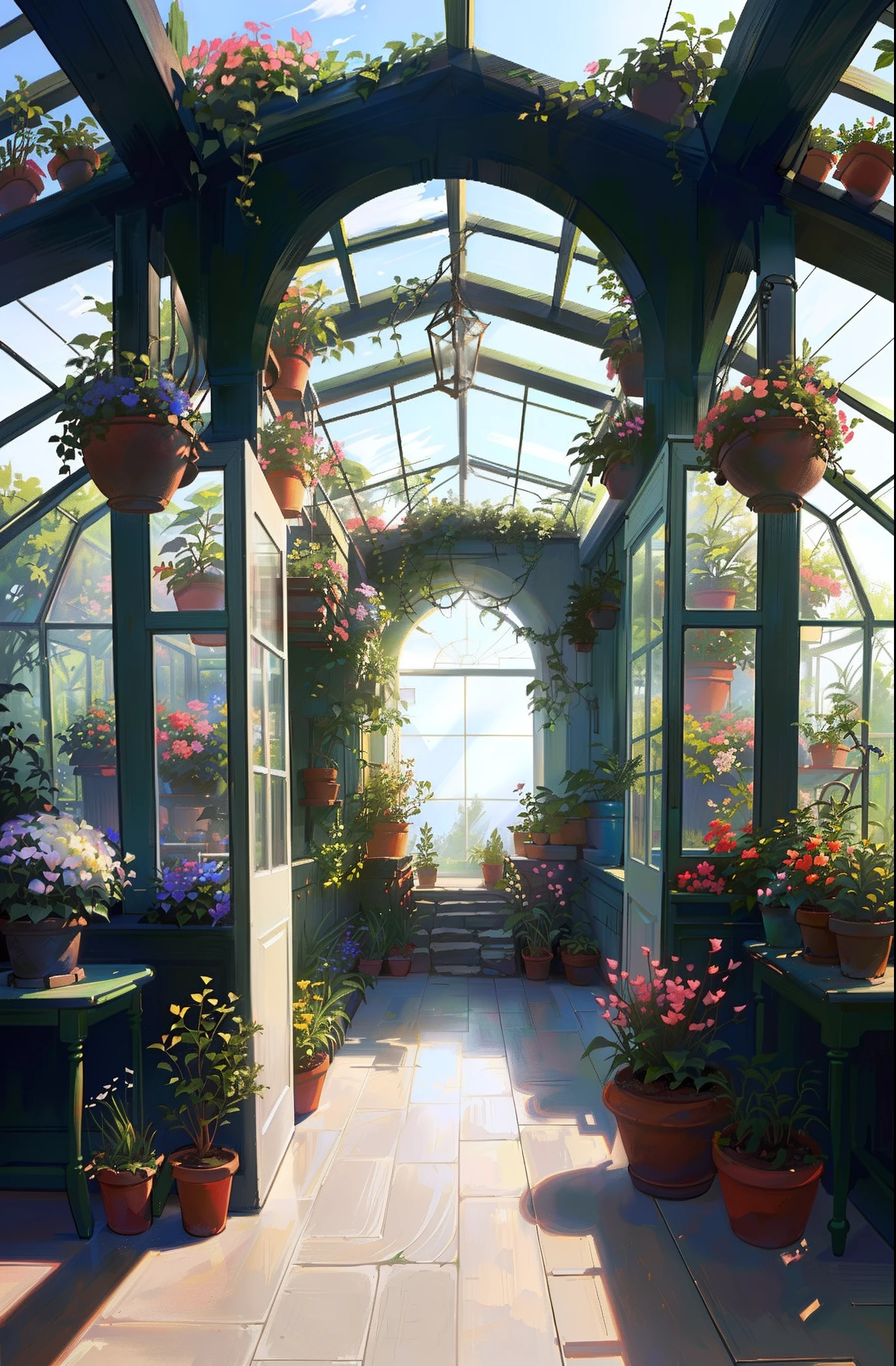There are a lot of potted plants in the greenhouse on the floor, in bloom greenhouse, floral environment, greenhouse, The pots are cement,Do not repeat the pot,glasshouse, Realistic garden, interior background art, Glass greenhouse, huge greenhouse, room full of plants, inspired by Evgeny Lushpin, Dreamy atmosphere, art nouveau jungle environment, highly detailed environments, inspired by Andreas Rocha, the grand temple of flowers