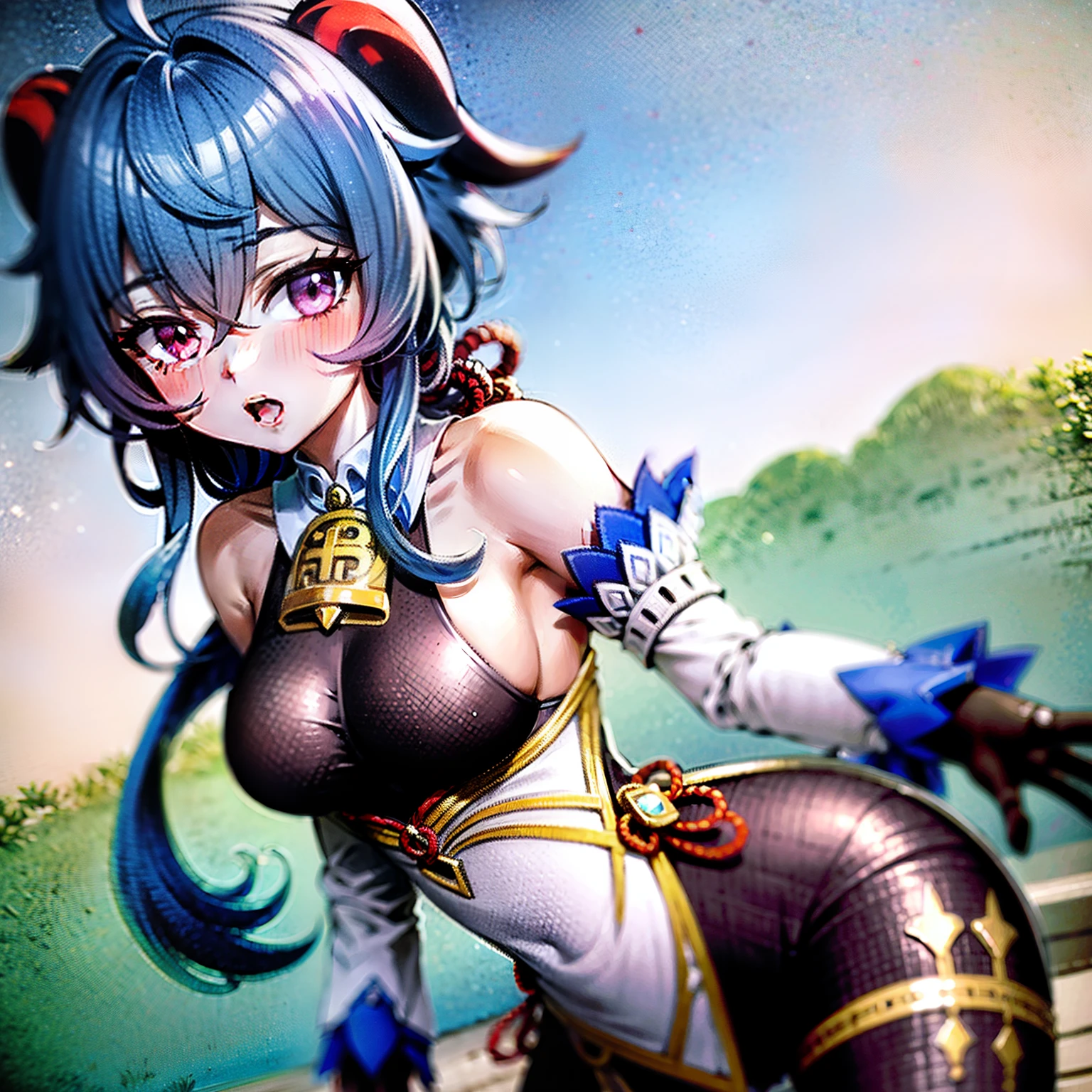 Genshin Ganyu,By bangs, exposed bare shoulders, bell, black glove, black pantyhoses, (blue hairs), Blushlush, nedium breasts, Chinese knot, Separate the sleeves, flower knot, mitts, banya, long whitr hair, Hilltop view, Overlooking the port, Meteorites in the distance fell from the sky, Kraken attack。