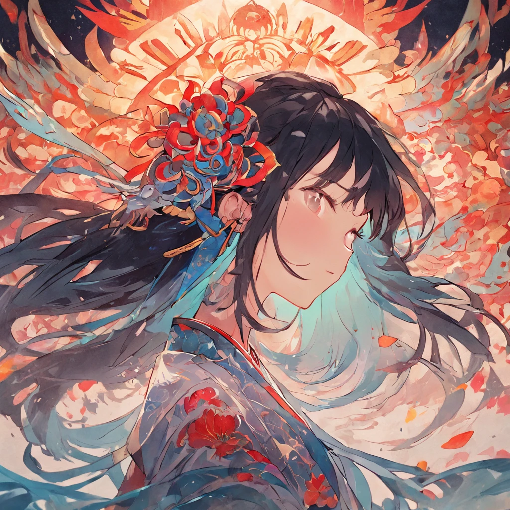 (White background:1.4),(Silhouette of a girl's head, Eyes closed, colorfull long hair, Oriental elements),(Chinese illustration:1.3,paper art:1.3, Quilted paper art:1.2),( reasonable design, Clear lines, High sharpness,Best quality, Very detailed, Masterpiece, movie light effect, 4K )